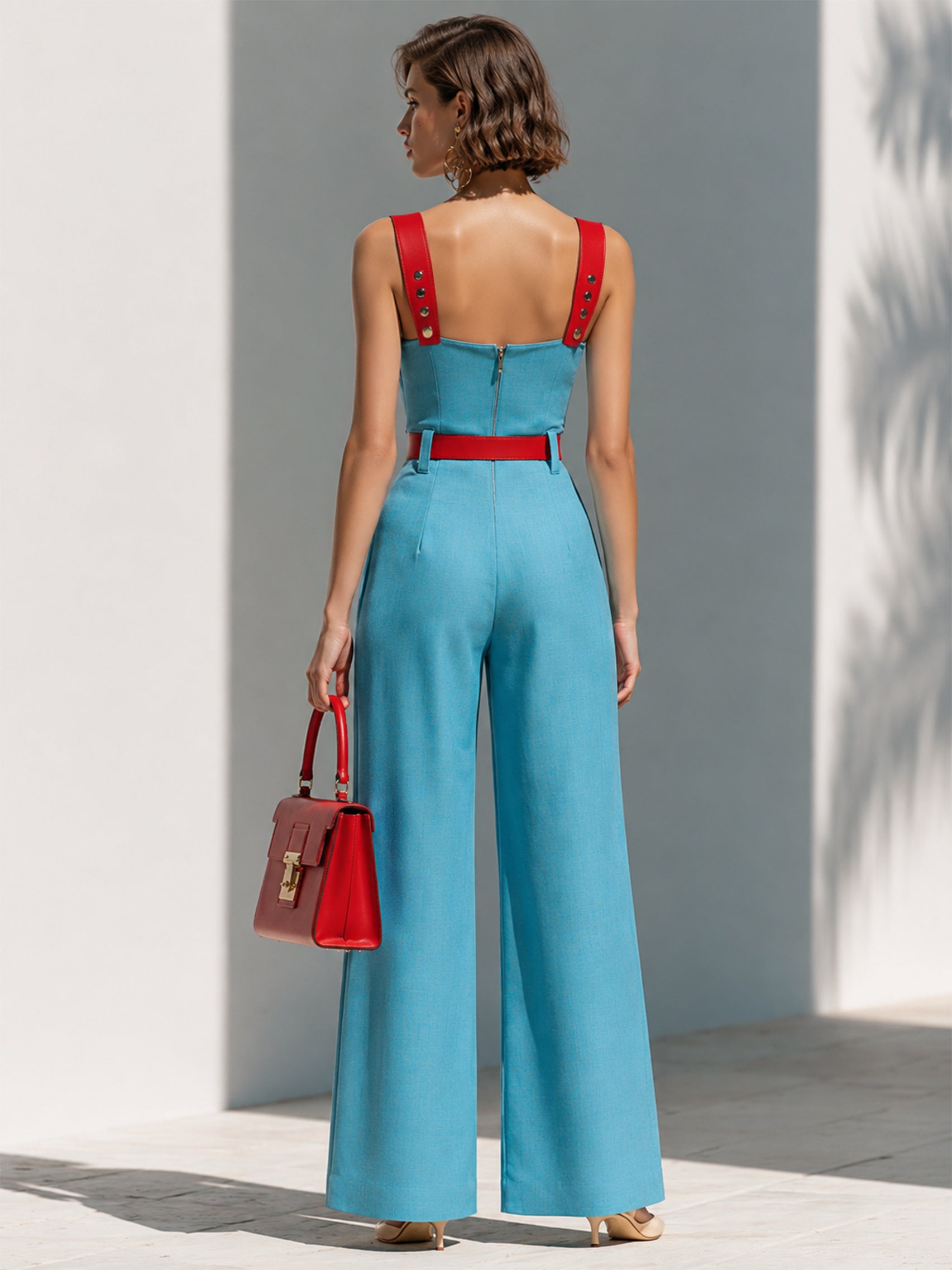 Liserie Linen Turquoise &Red Color Block Jumpsuit