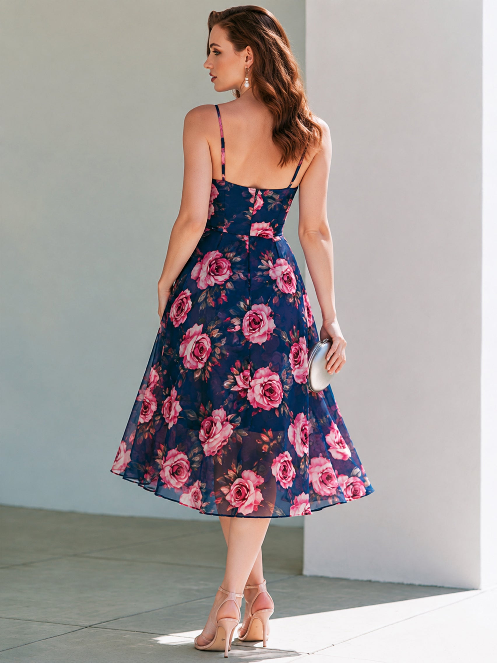Liserie Chiffon Rose Print Cowl Neck Midi Dress