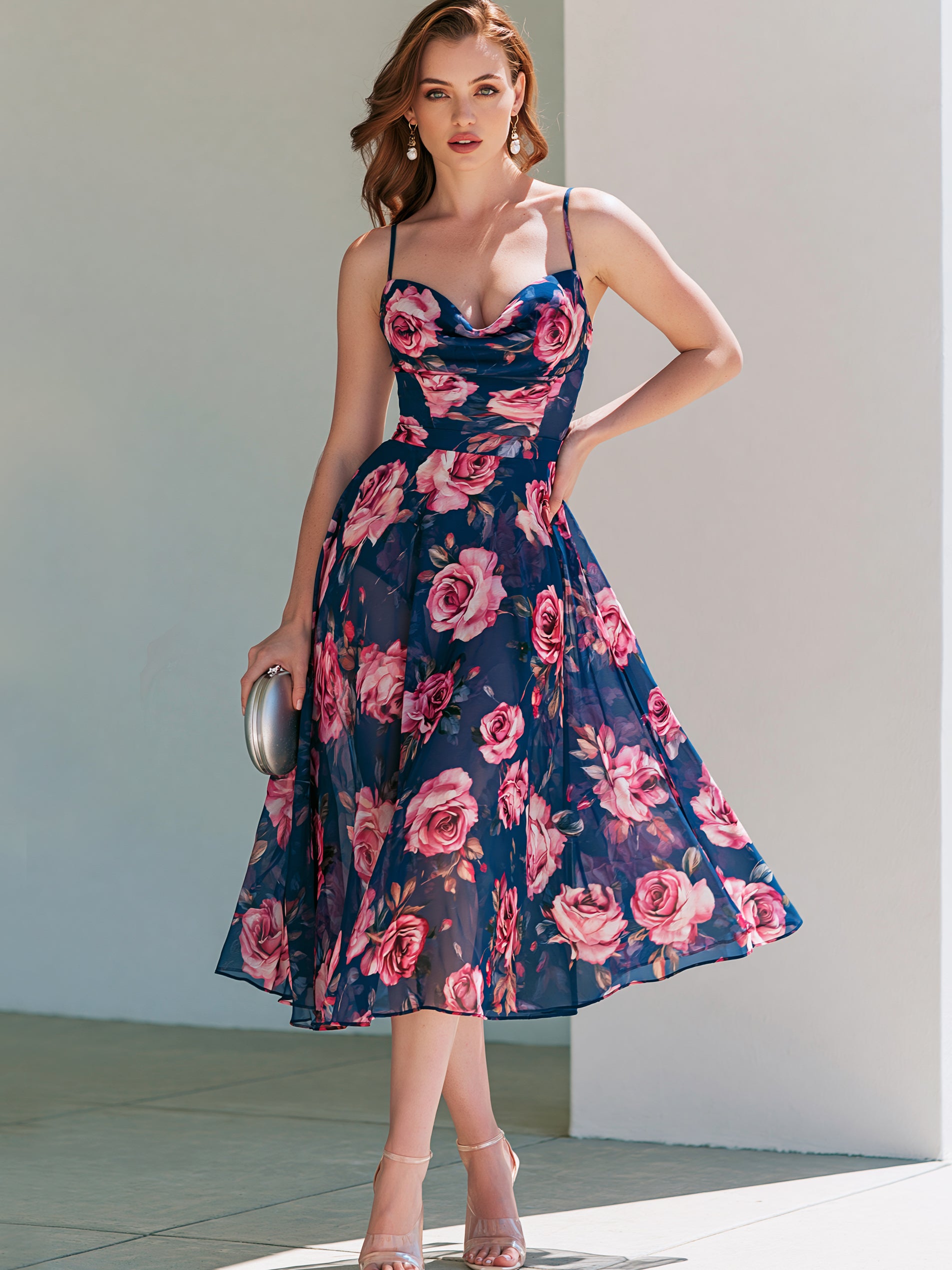 Liserie Chiffon Rose Print Cowl Neck Midi Dress