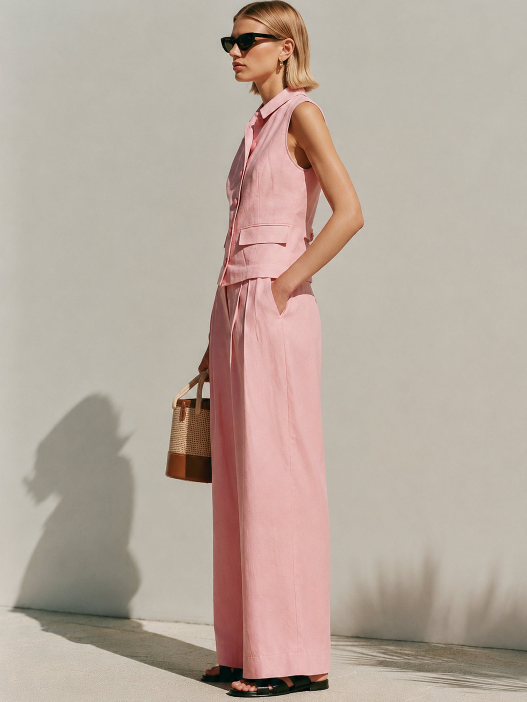 Liserie Cotton Tailored Vest & Wide Leg Trouser Set
