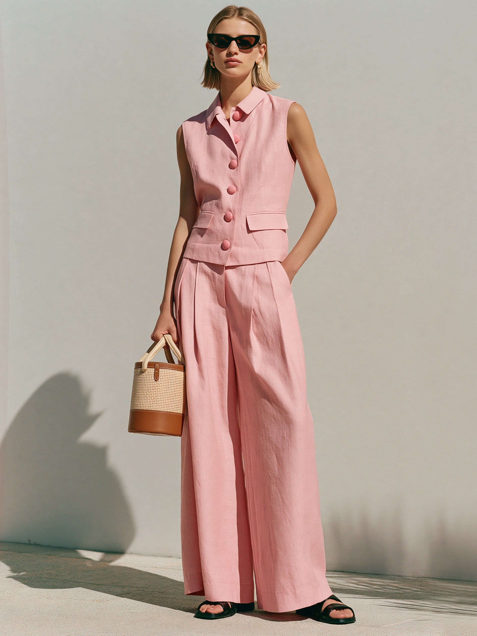Liserie Cotton Tailored Vest & Wide Leg Trouser Set