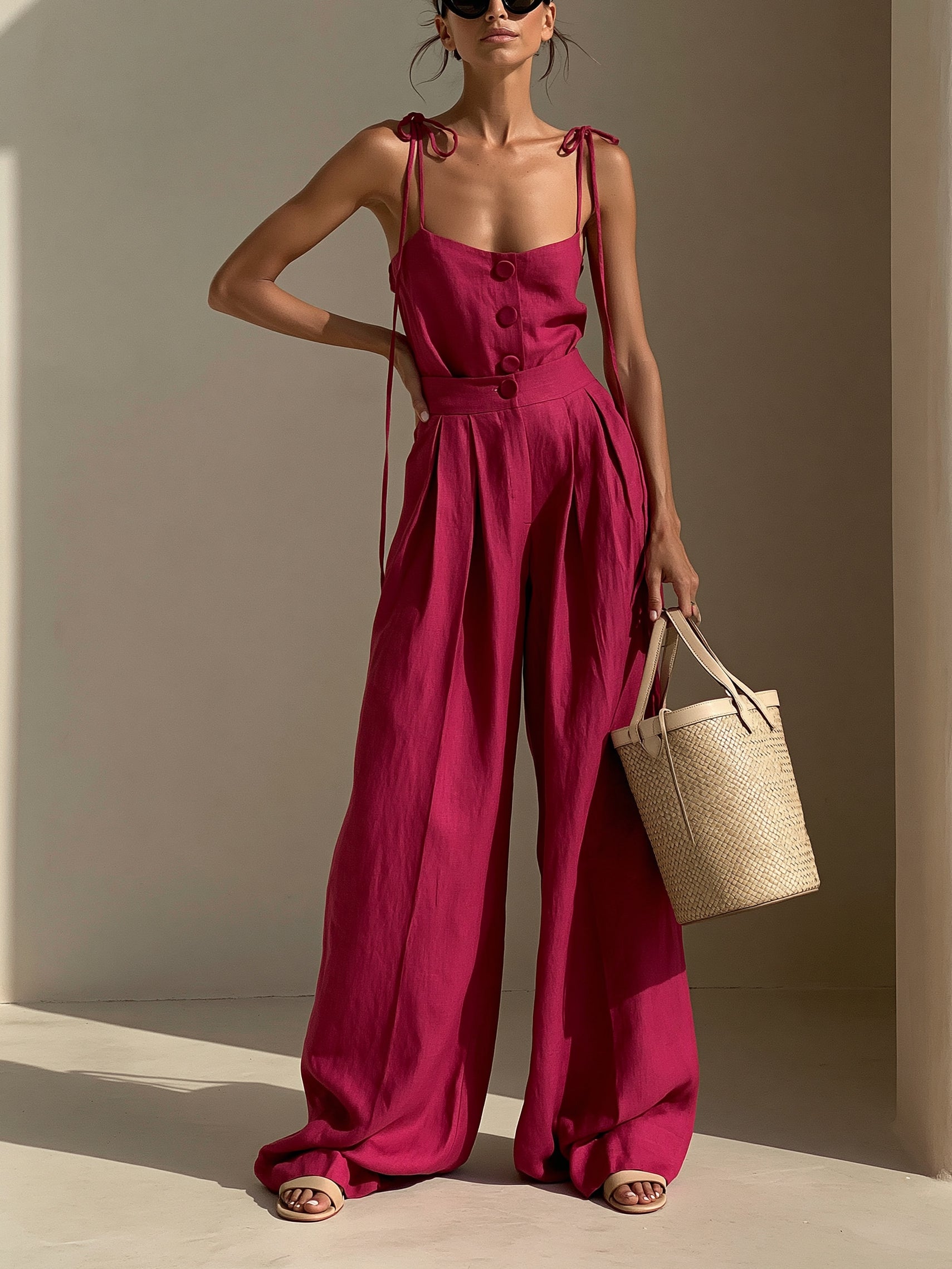 Vibrant Rose-Pink Cotton-Linen Camisole & Wide-Leg Pants Set (with Tie-Detail)