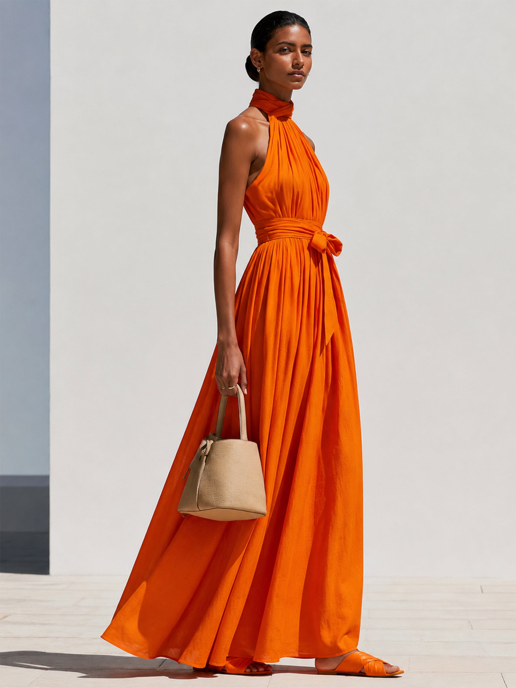 Vermillion Orange Linen Sleeveless Halter Neck Maxi Dress
