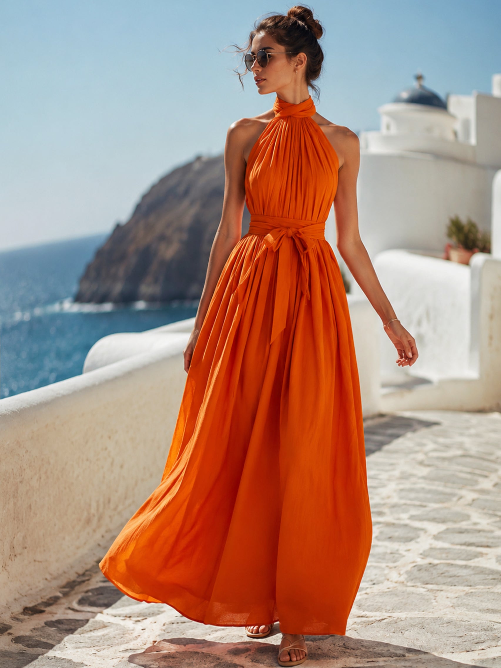 Vermillion Orange Linen Sleeveless Halter Neck Maxi Dress