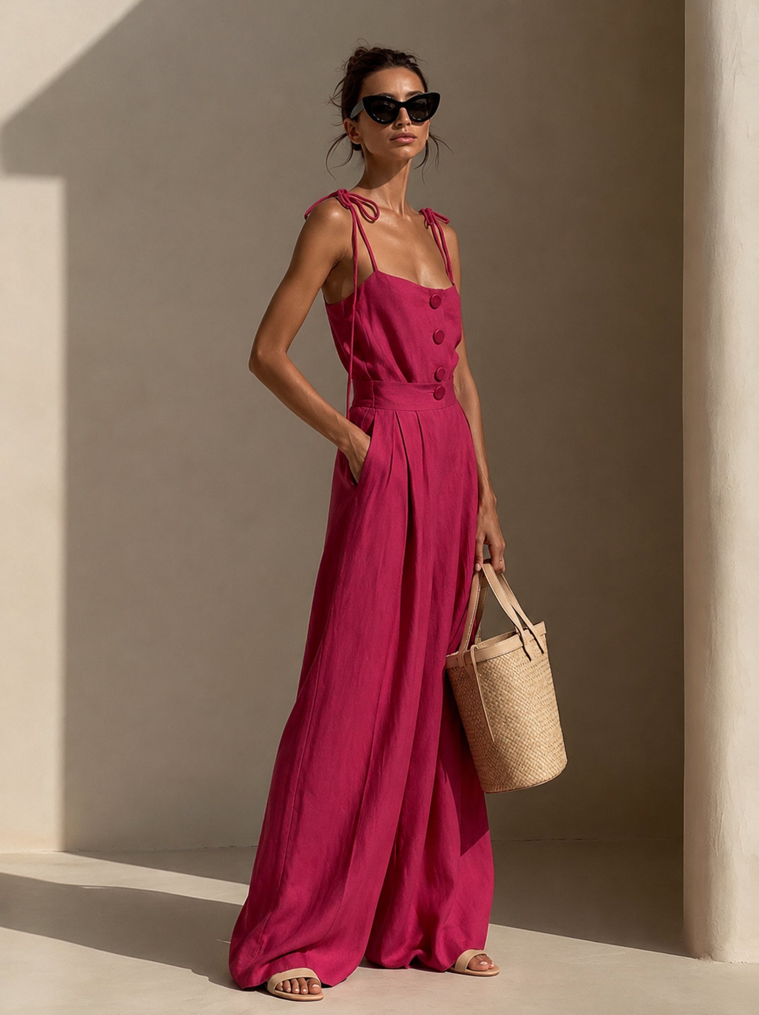 Vibrant Rose-Pink Cotton-Linen Camisole & Wide-Leg Pants Set (with Tie-Detail)
