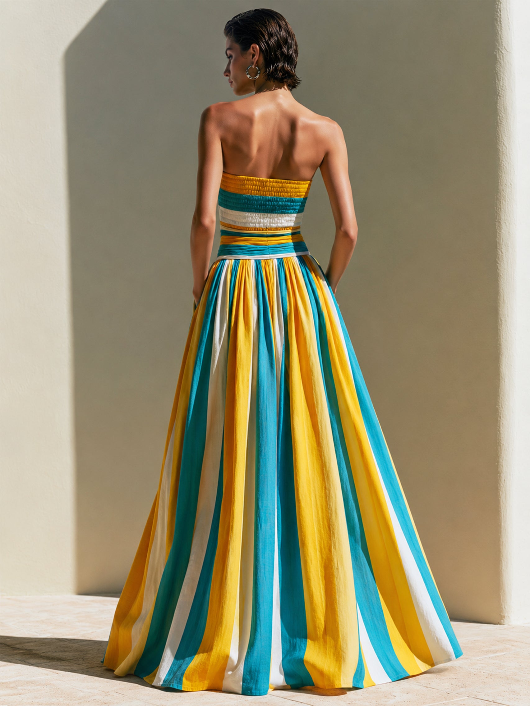 Blue & Yellow Stripe Smocked Strapless Maxi Dress With Cinched Waist