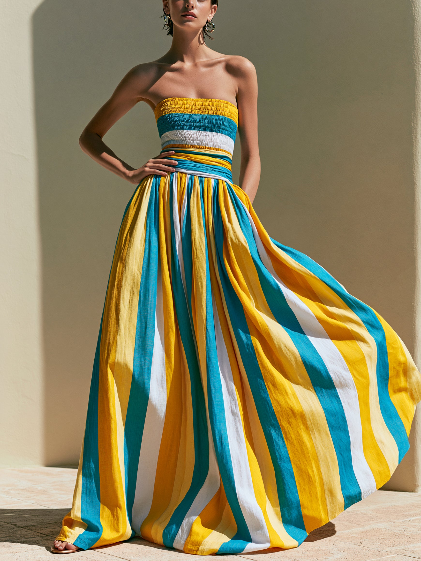 Blue & Yellow Stripe Smocked Strapless Maxi Dress With Cinched Waist