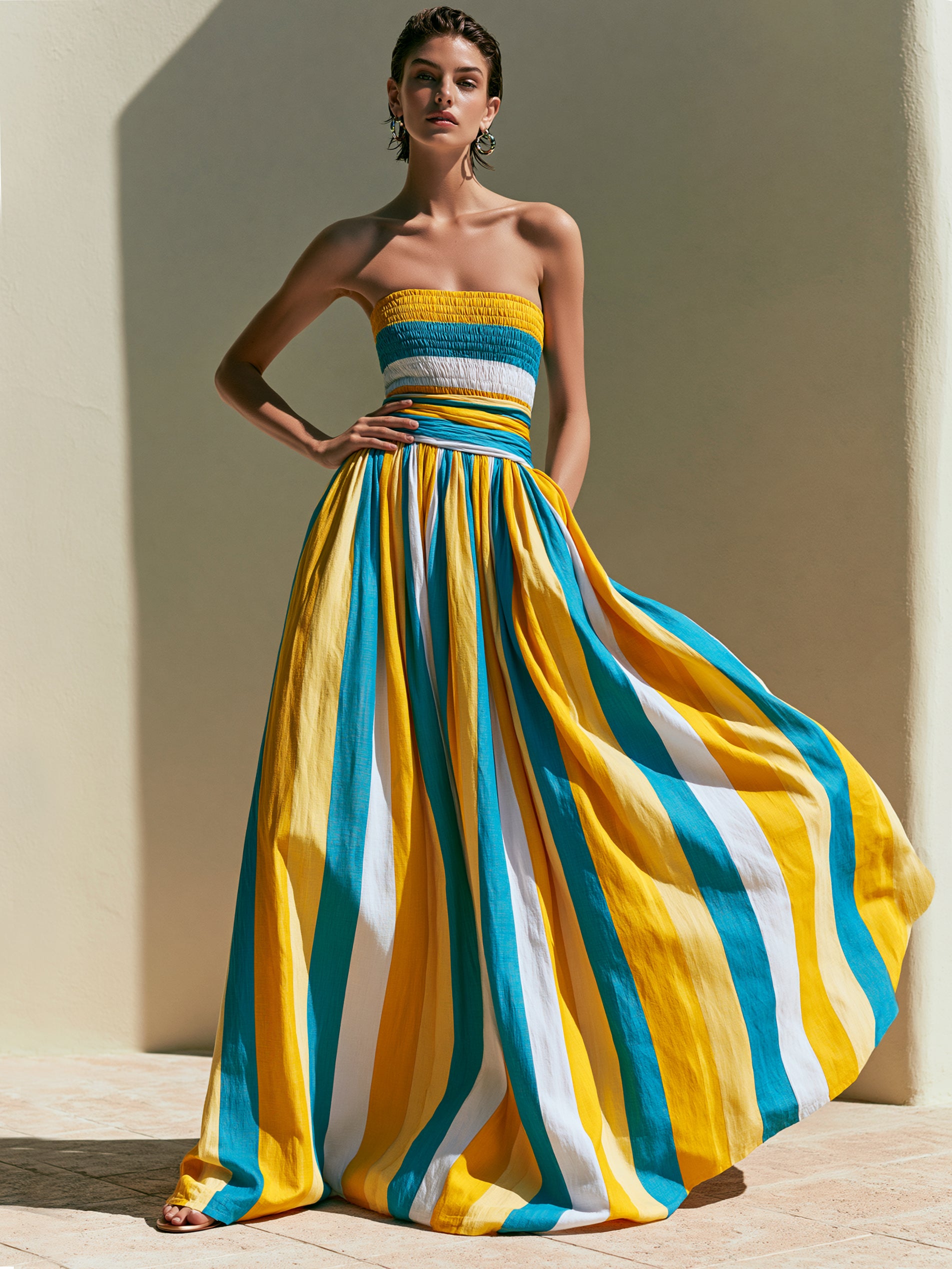 Blue & Yellow Stripe Smocked Strapless Maxi Dress With Cinched Waist