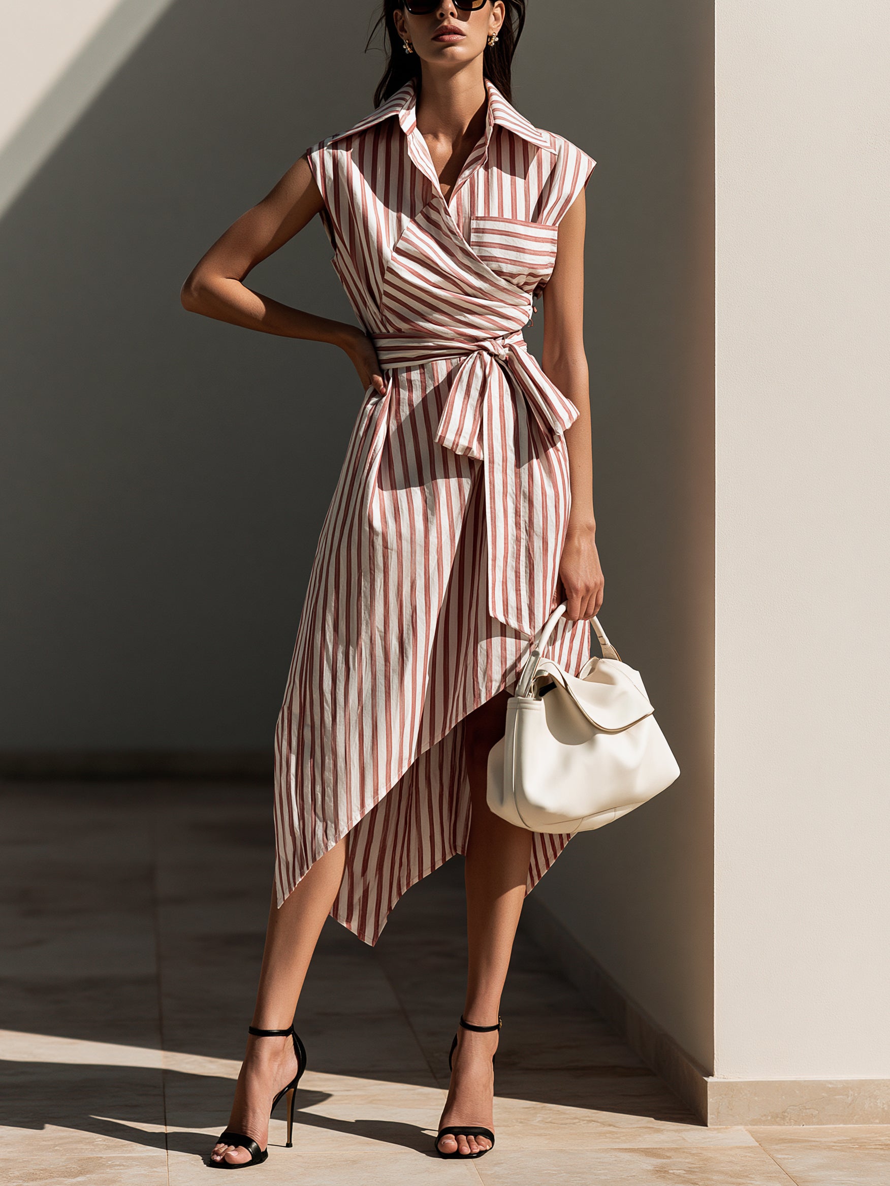 Elegant Striped Midi Dress With Shirt Collar And Asymmetrical Hem
