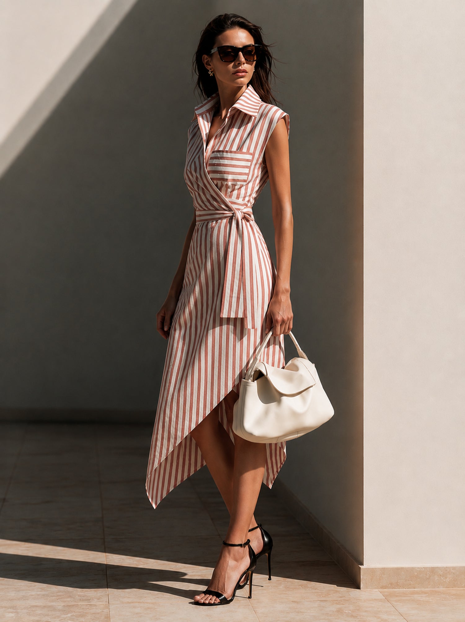 Elegant Striped Midi Dress With Shirt Collar And Asymmetrical Hem