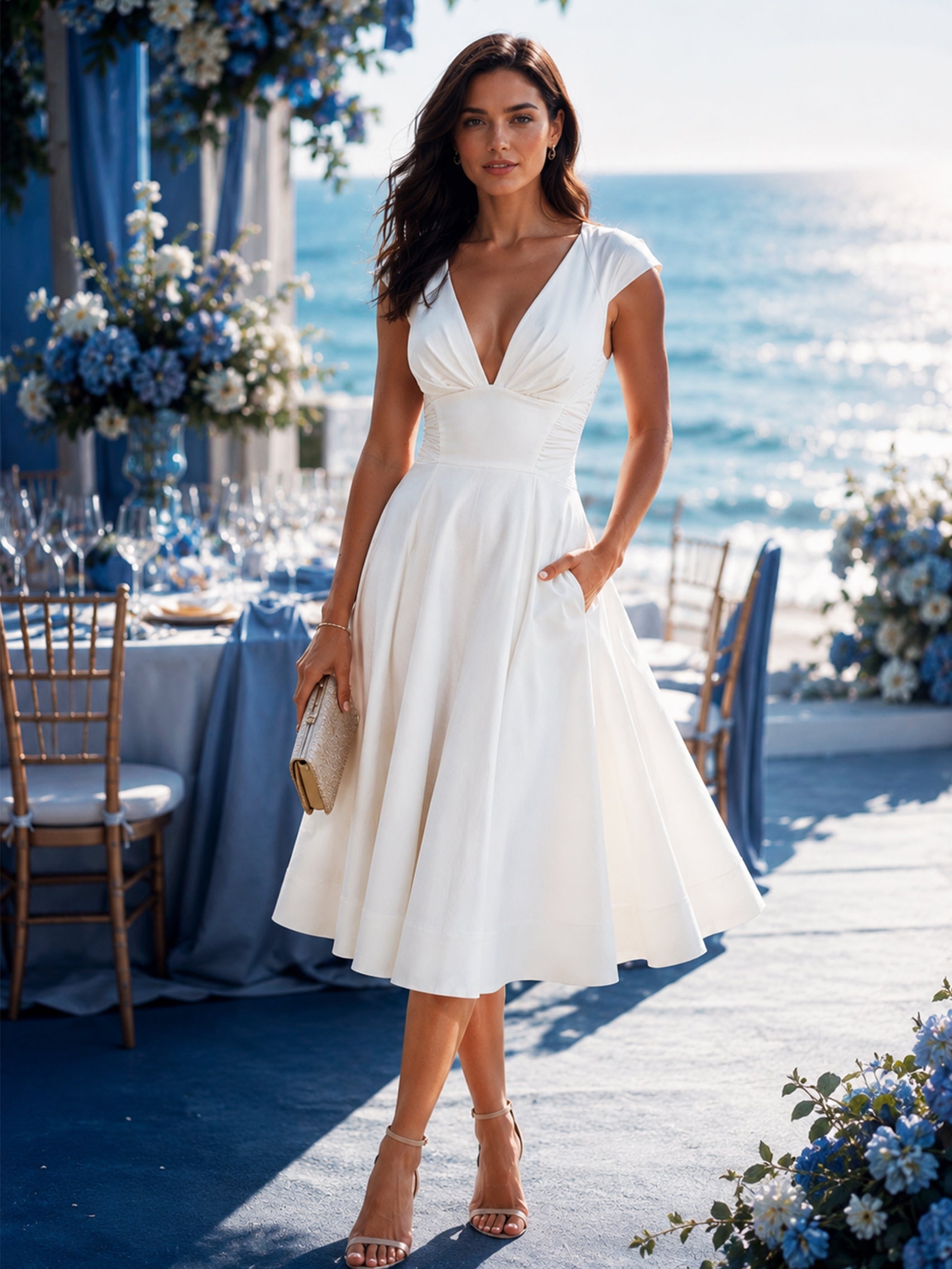Timeless White Cap Sleeve V-Neck Flare Midi Dress