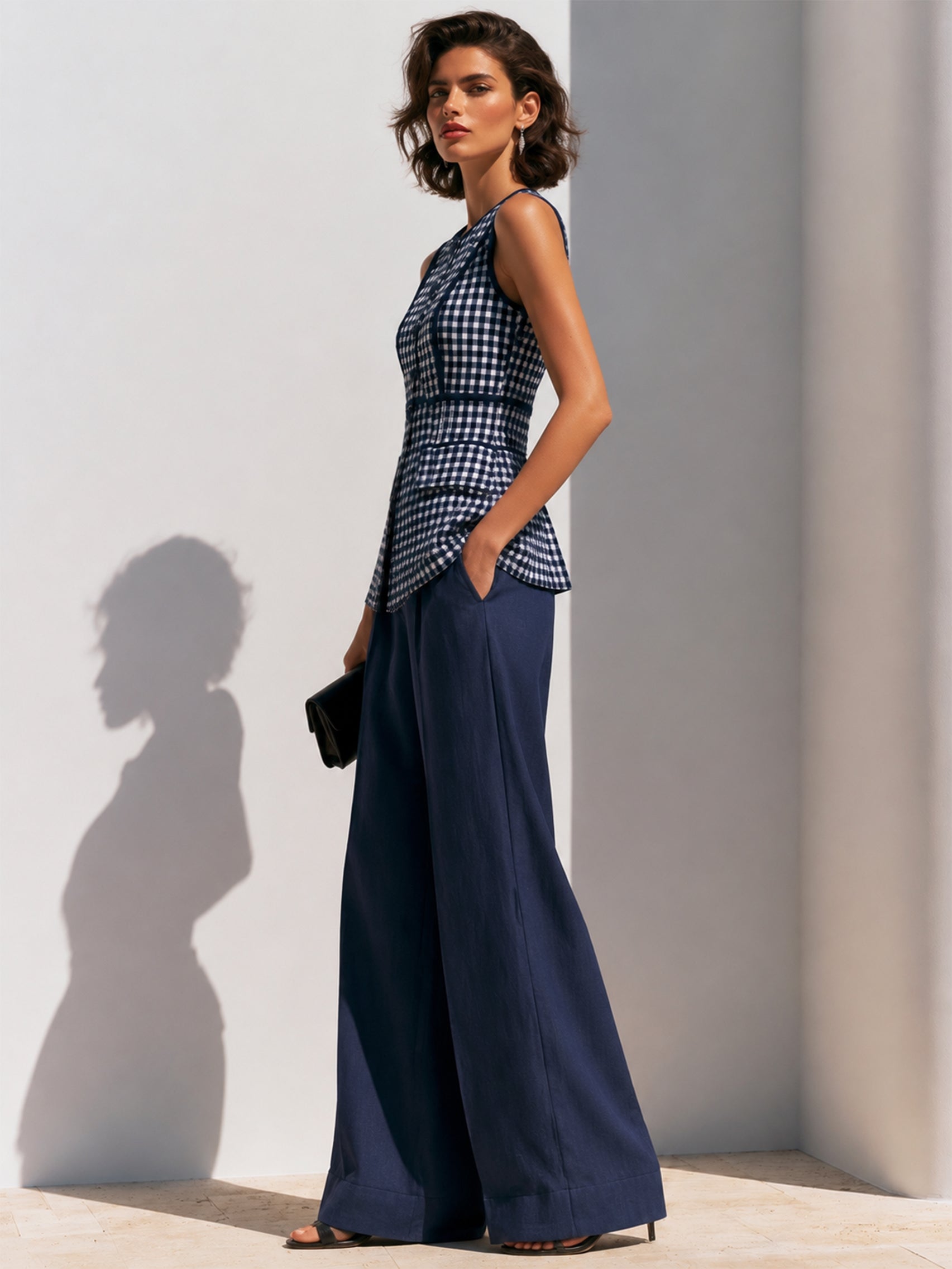 Elegant Linen Navy Gingham Vest & Wide Leg Trouser Set