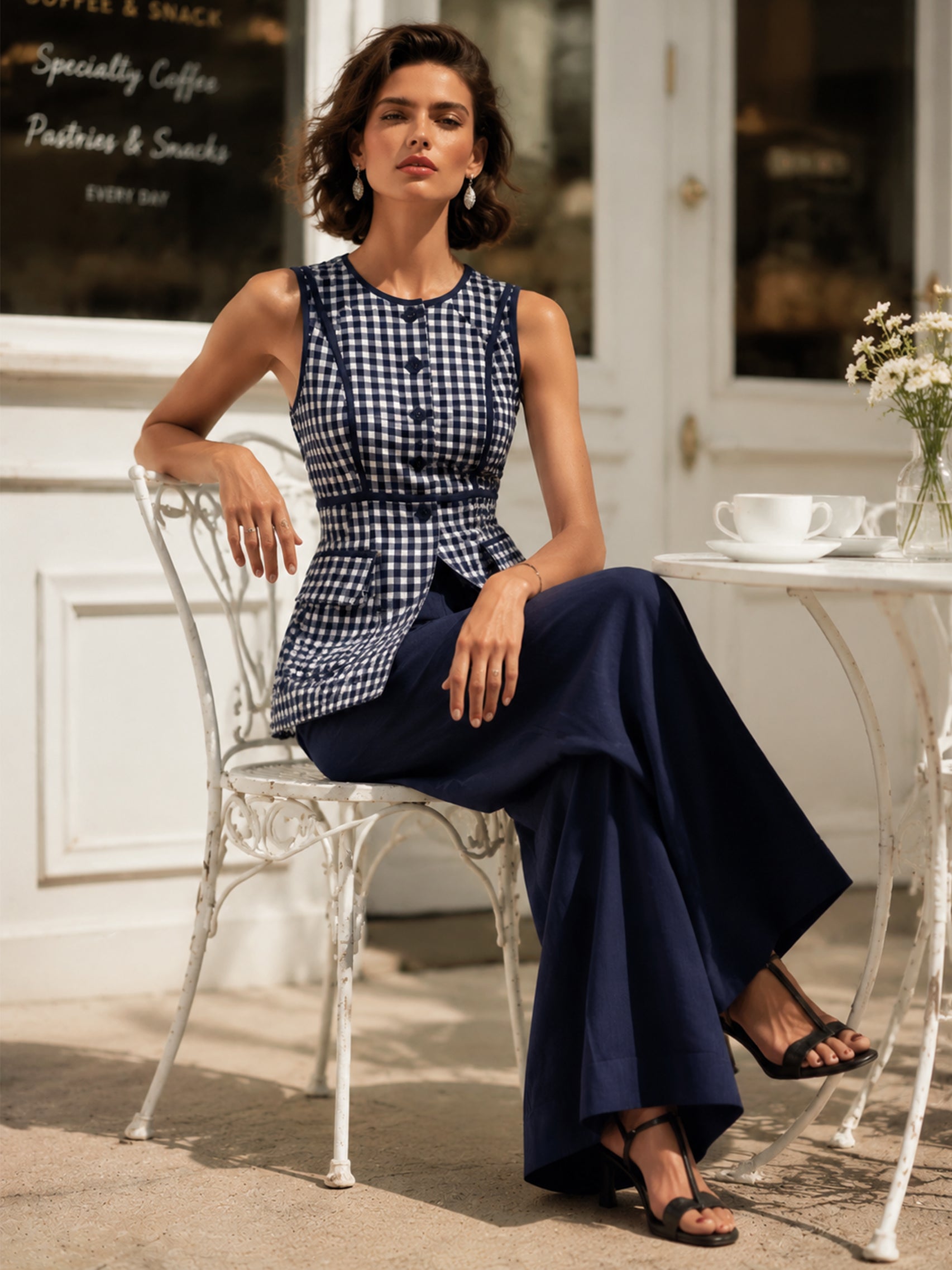 Elegant Linen Navy Gingham Vest & Wide Leg Trouser Set