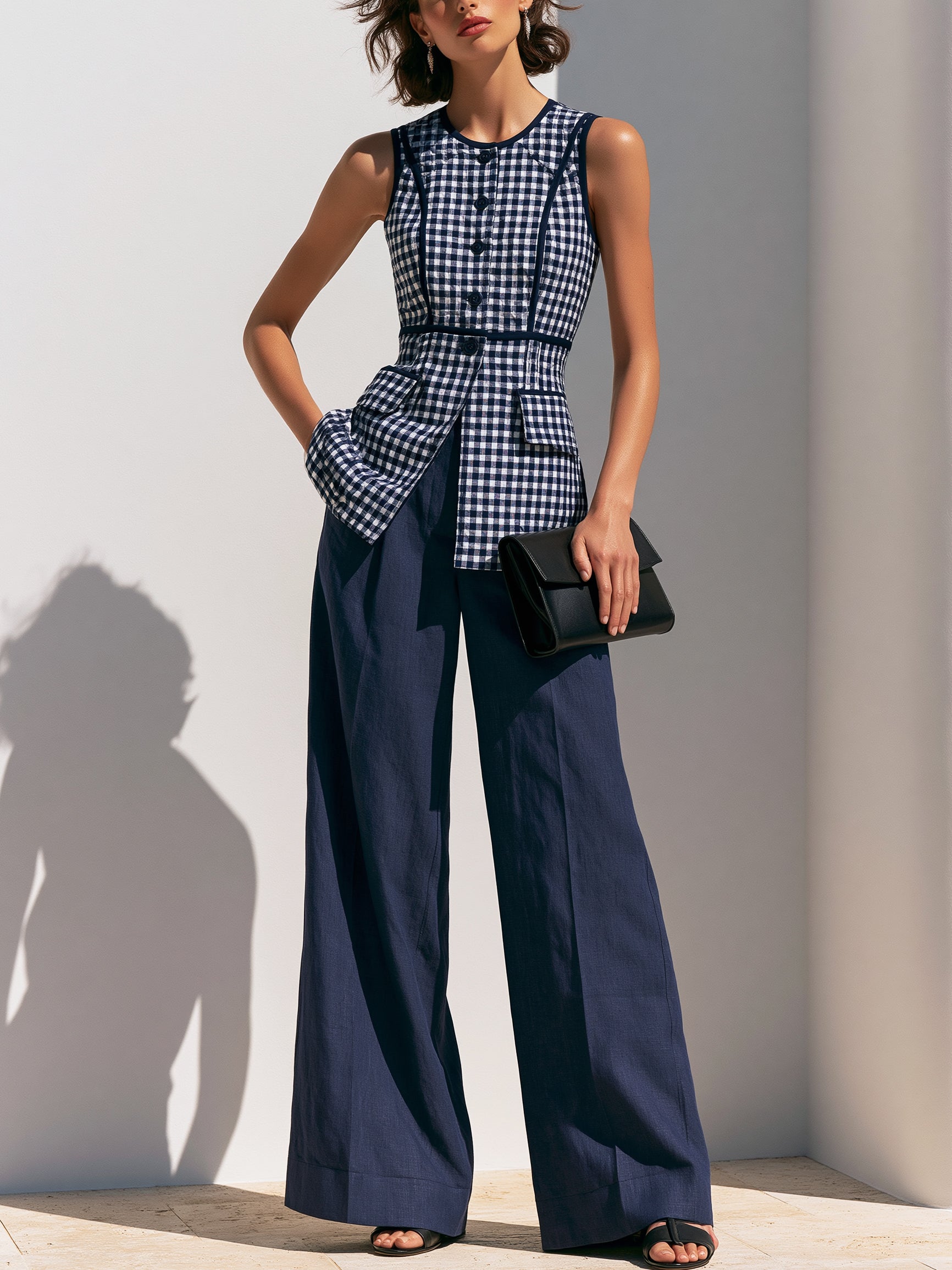 Elegant Linen Navy Gingham Vest & Wide Leg Trouser Set