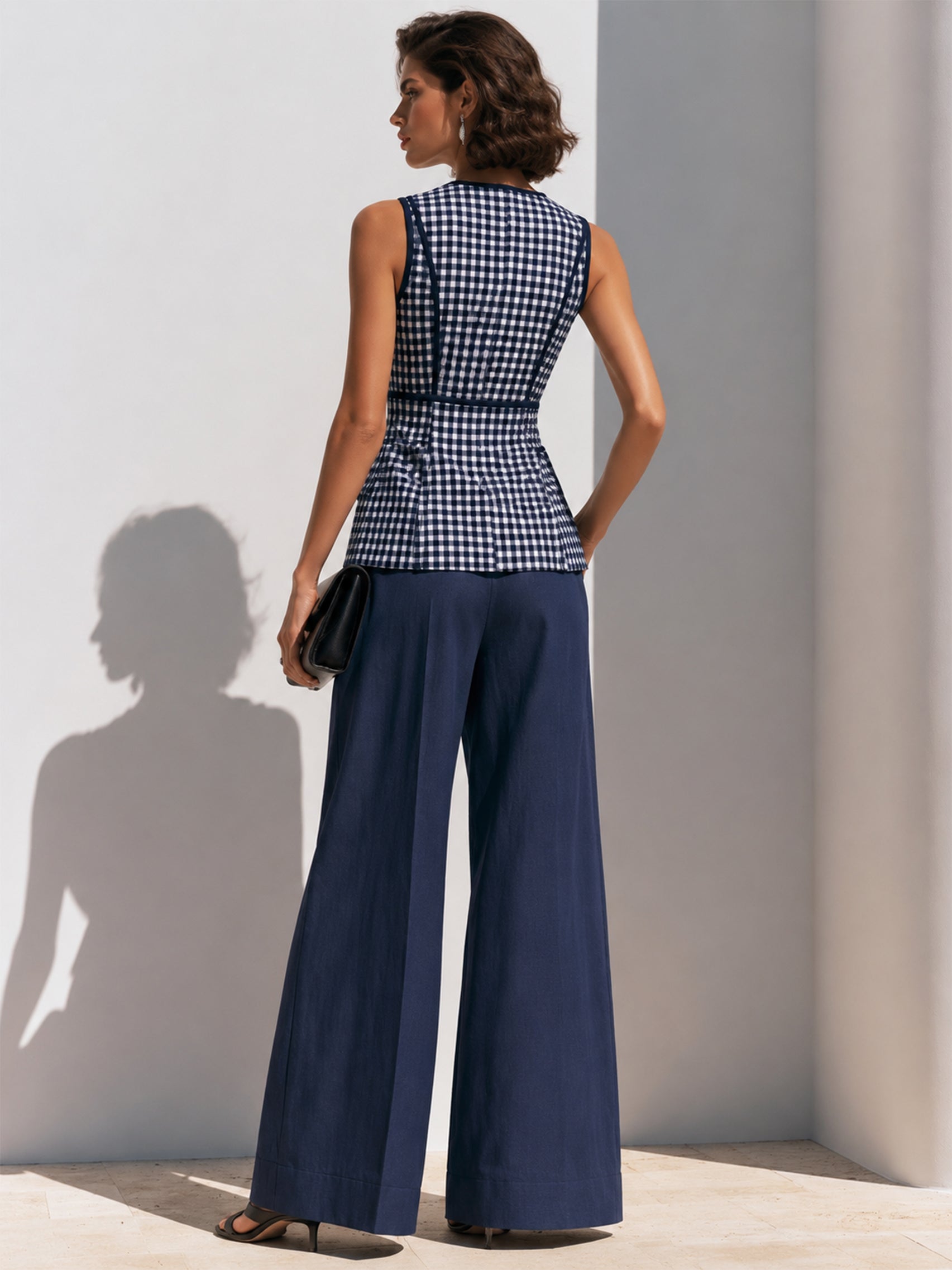 Elegant Linen Navy Gingham Vest & Wide Leg Trouser Set