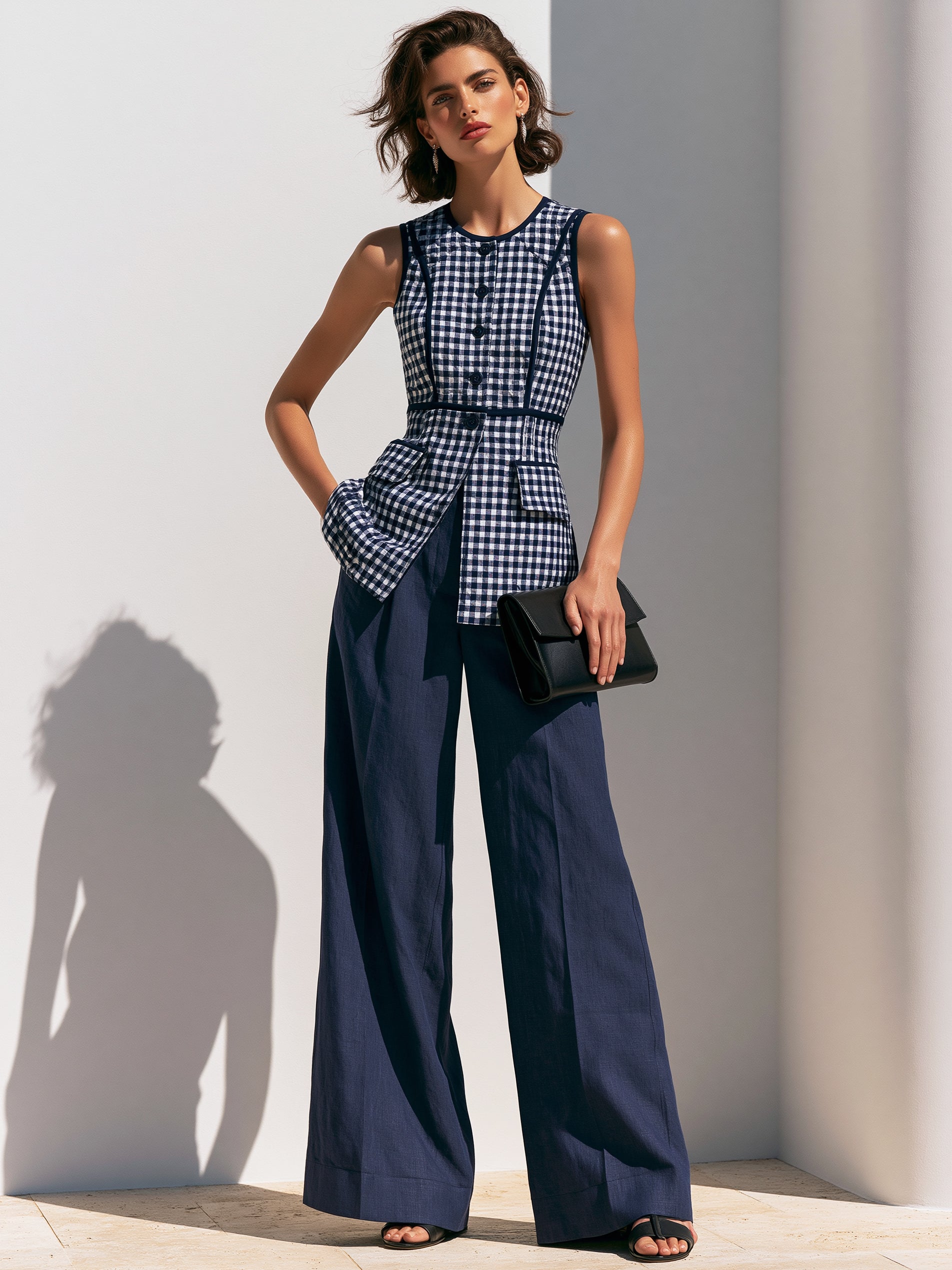 Elegant Linen Navy Gingham Vest & Wide Leg Trouser Set