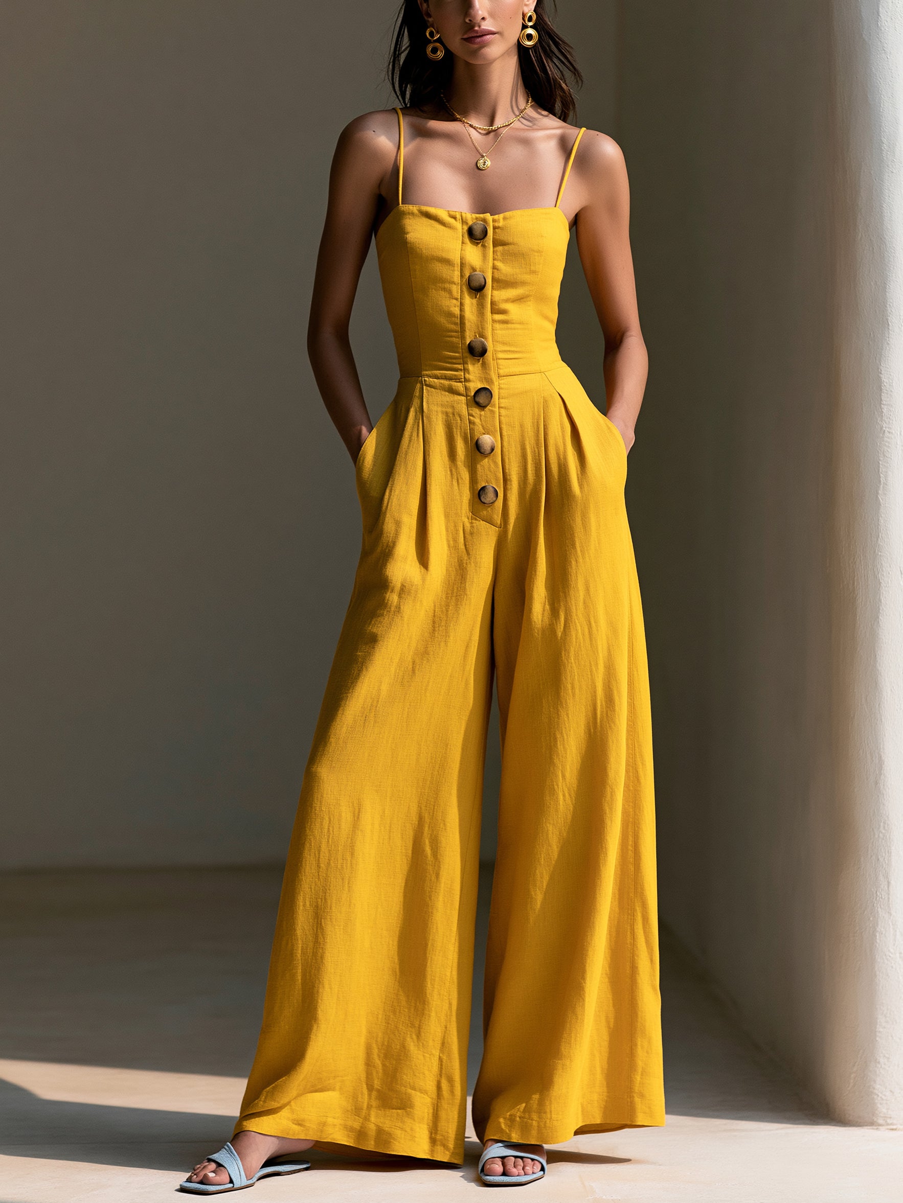 Elegant yellow summer jumpsuit with delicate straps