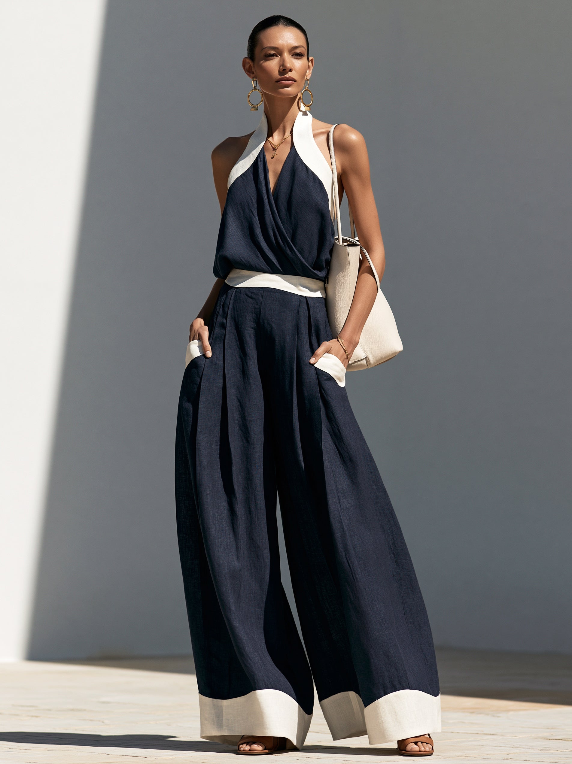 Midnight Blue Color-Block Halter-Neck Wide-Leg Jumpsuit