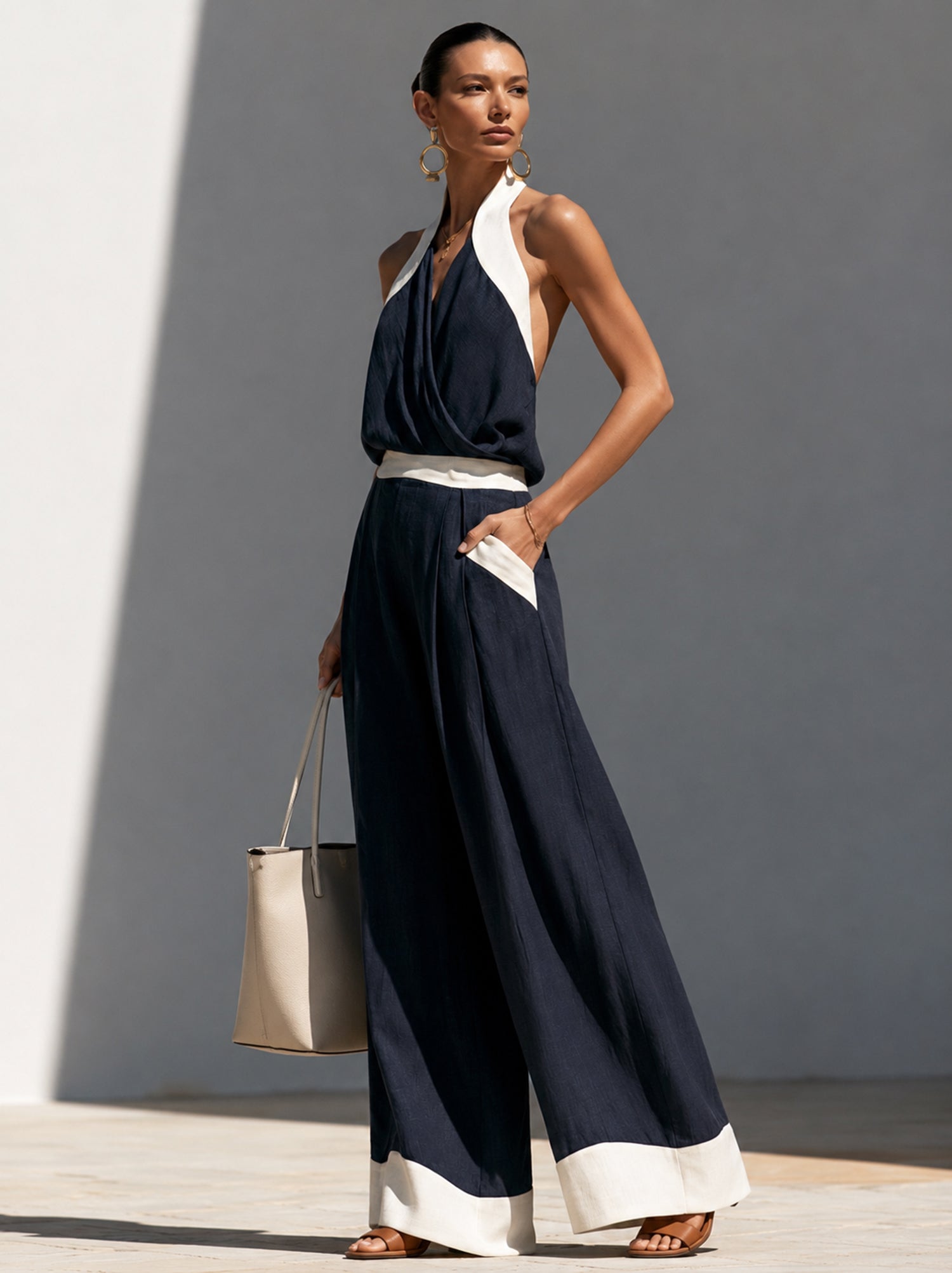 Midnight Blue Color-Block Halter-Neck Wide-Leg Jumpsuit