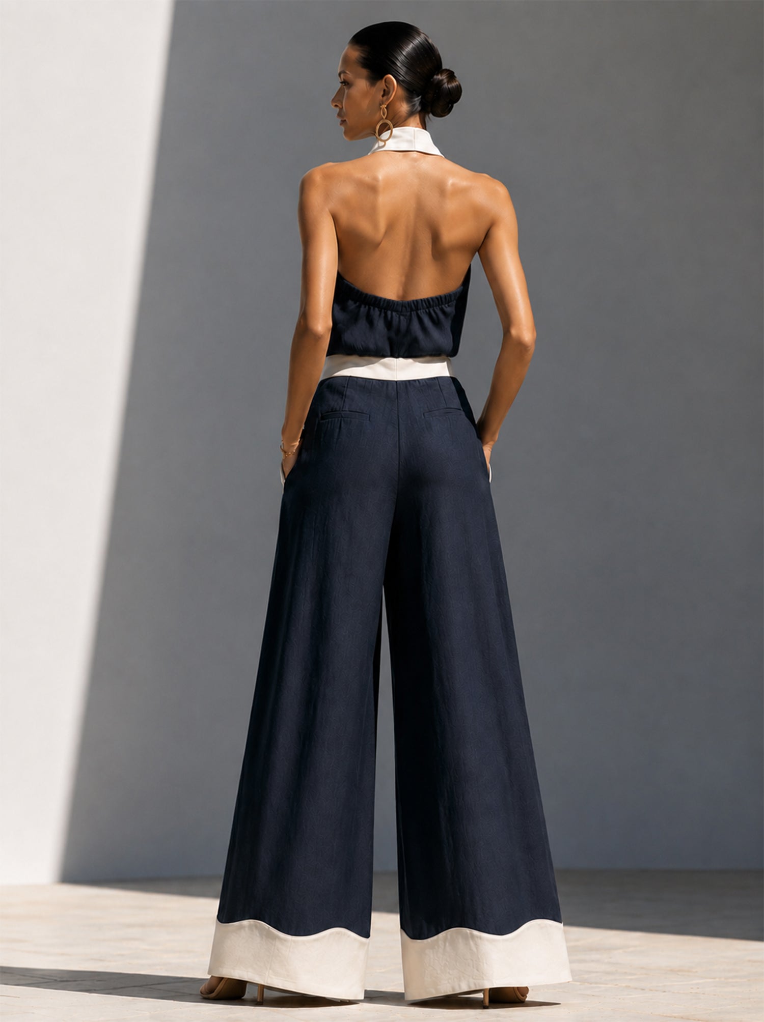 Midnight Blue Color-Block Halter-Neck Wide-Leg Jumpsuit