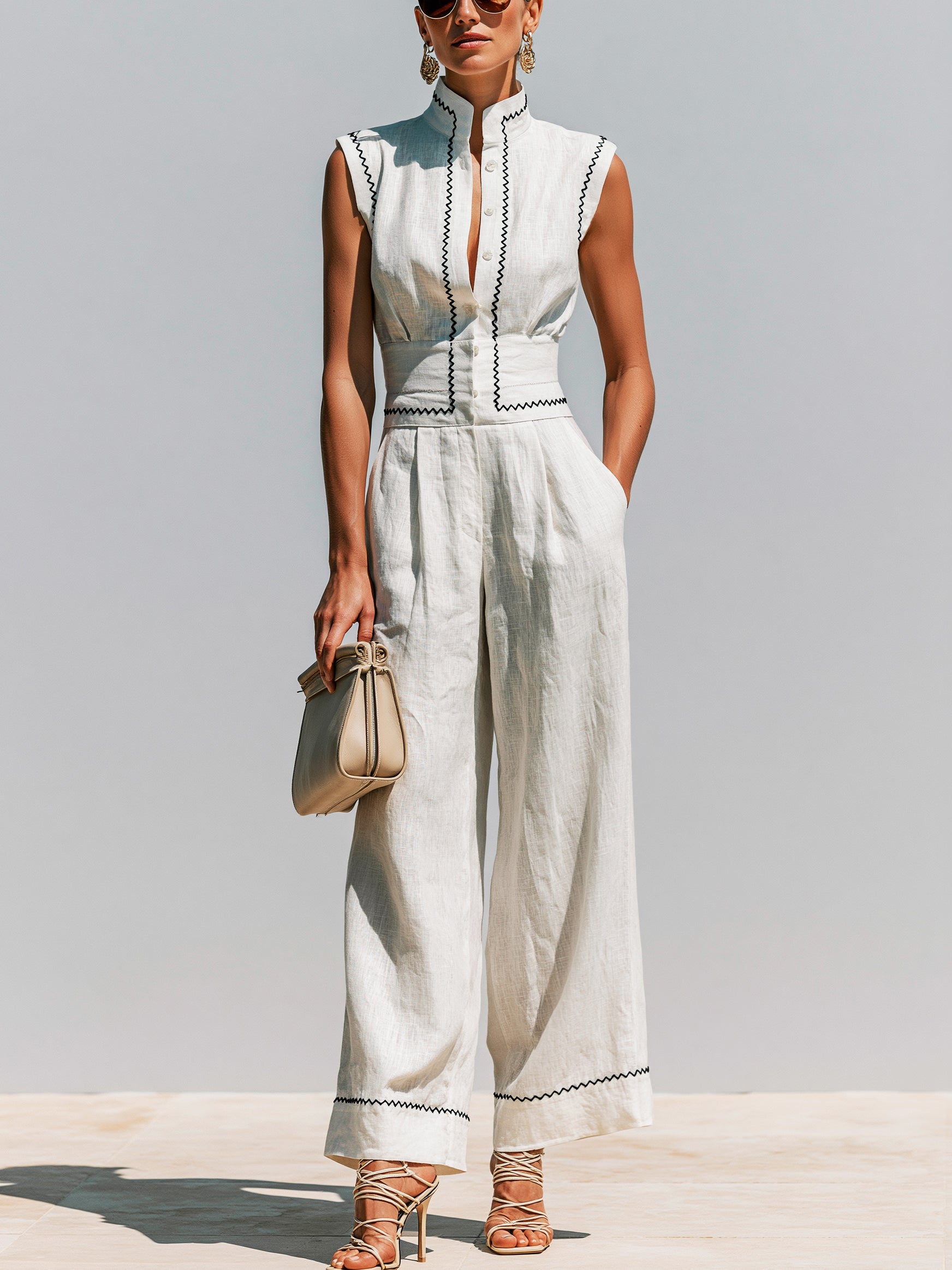Linen Timeless Contrast Stitch Embroidery Jumpsuit