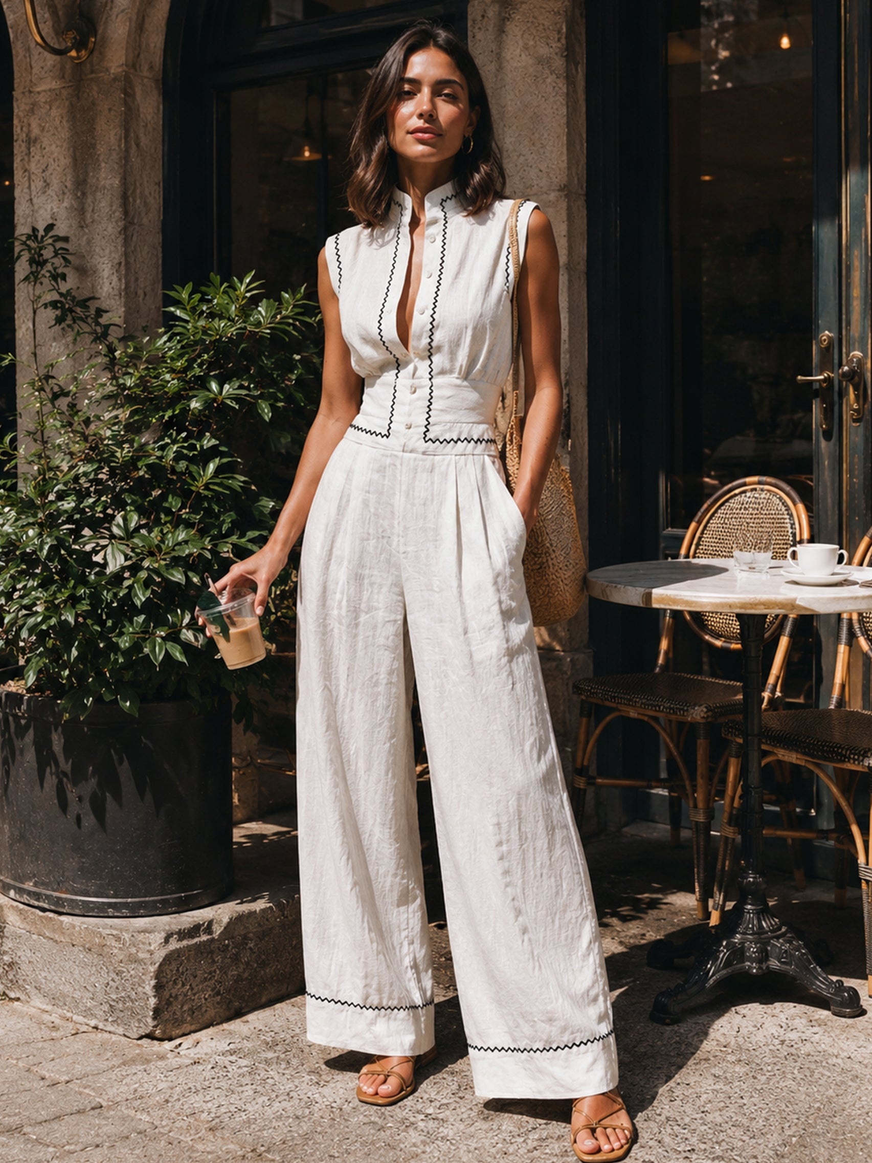 Linen Timeless Contrast Stitch Embroidery Jumpsuit
