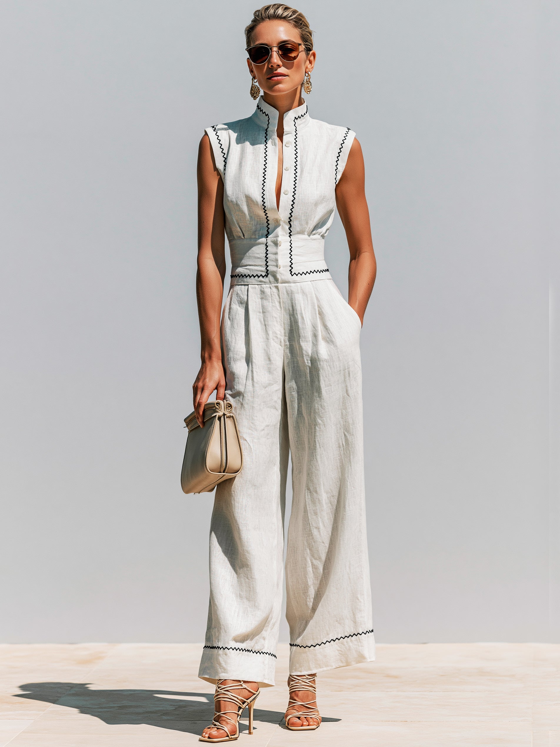 Linen Timeless Contrast Stitch Embroidery Jumpsuit