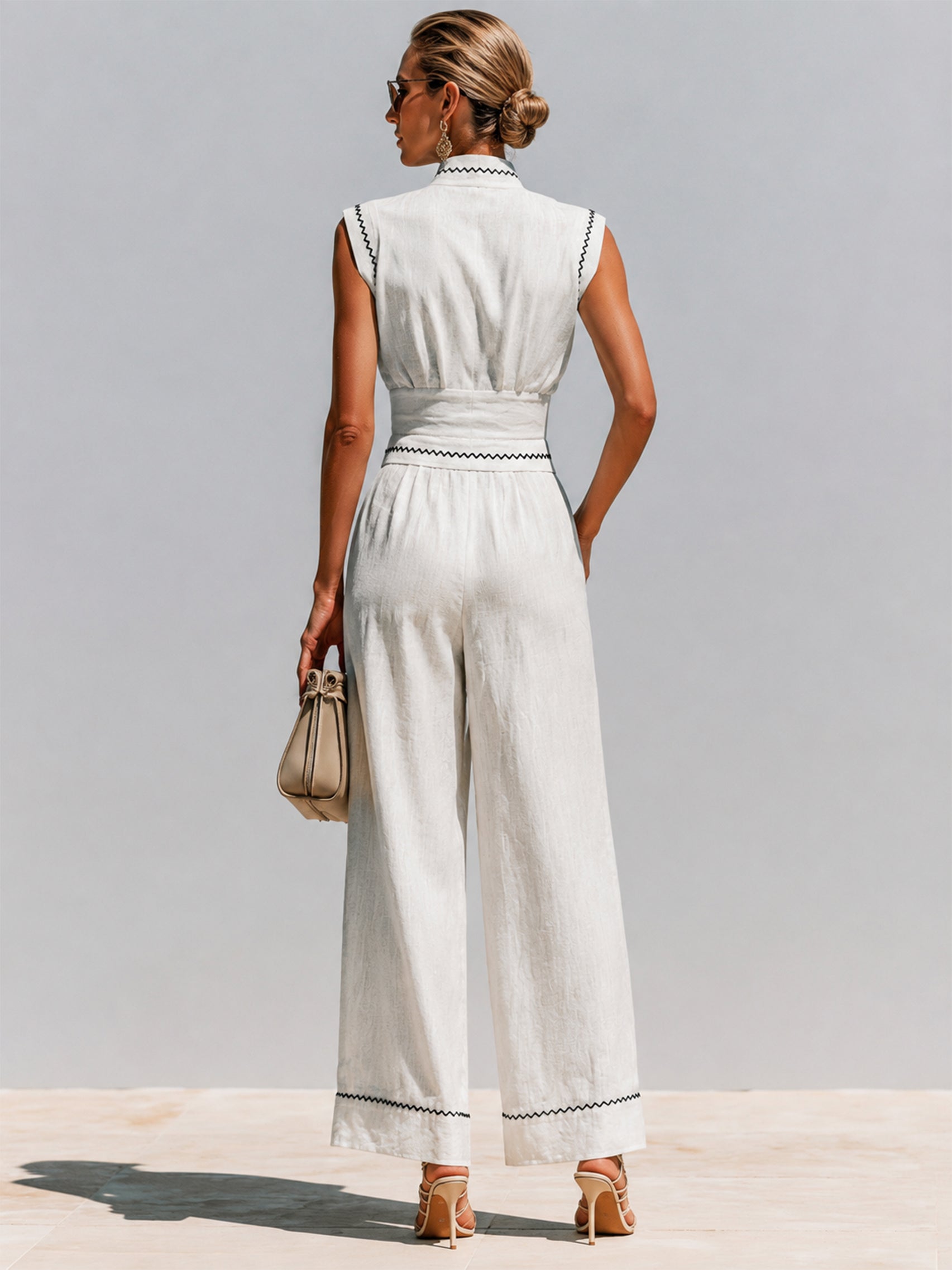 Linen Timeless Contrast Stitch Embroidery Jumpsuit