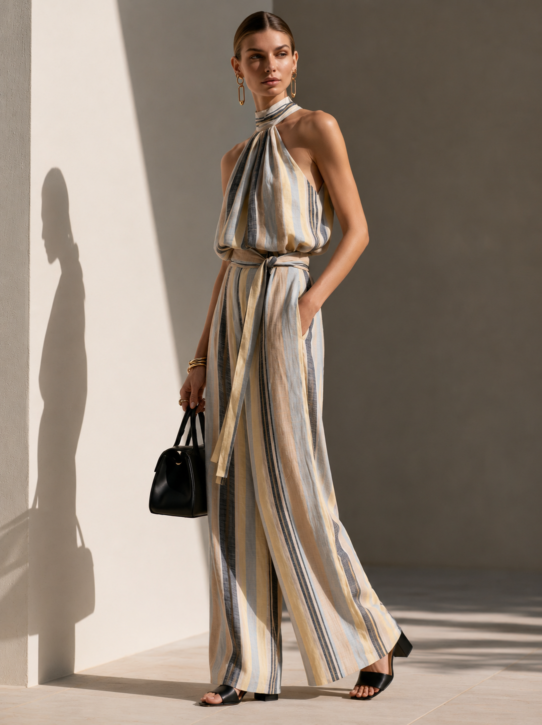 Open-Back Striped Halter Jumpsuit