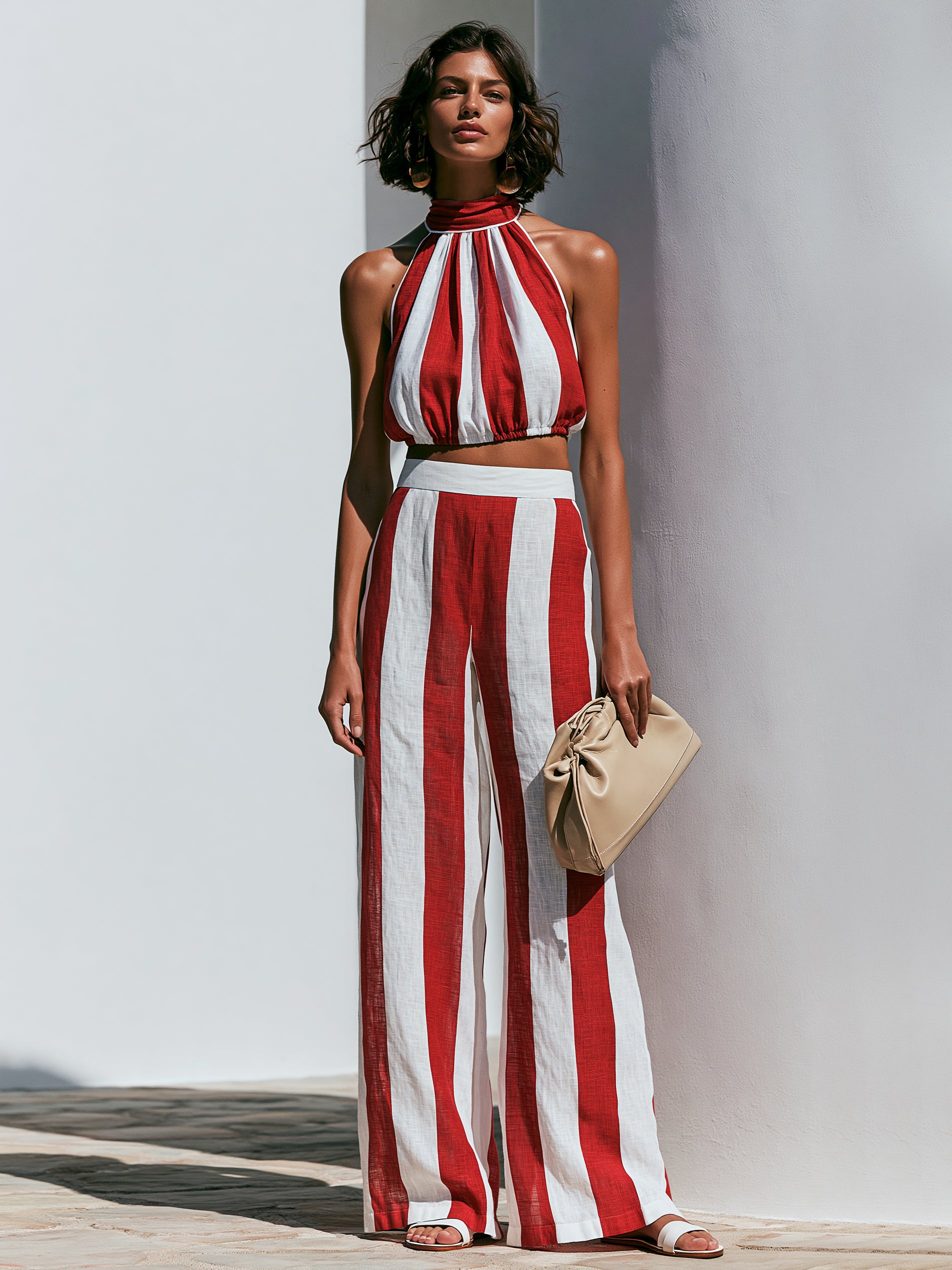 Red & White Stripe Linen Halter Top & Wide Leg Pant Set