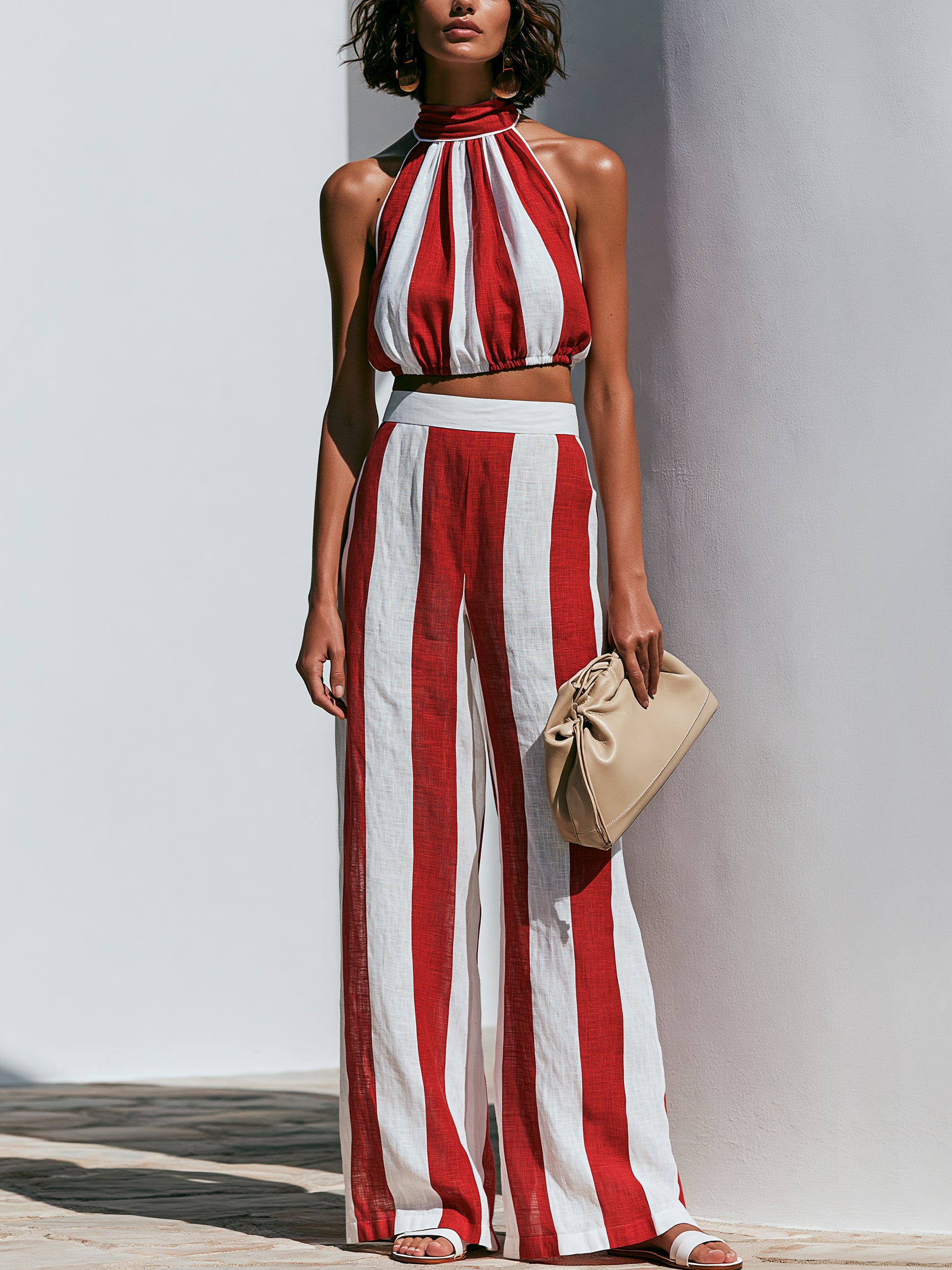 Red & White Stripe Linen Halter Top & Wide Leg Pant Set