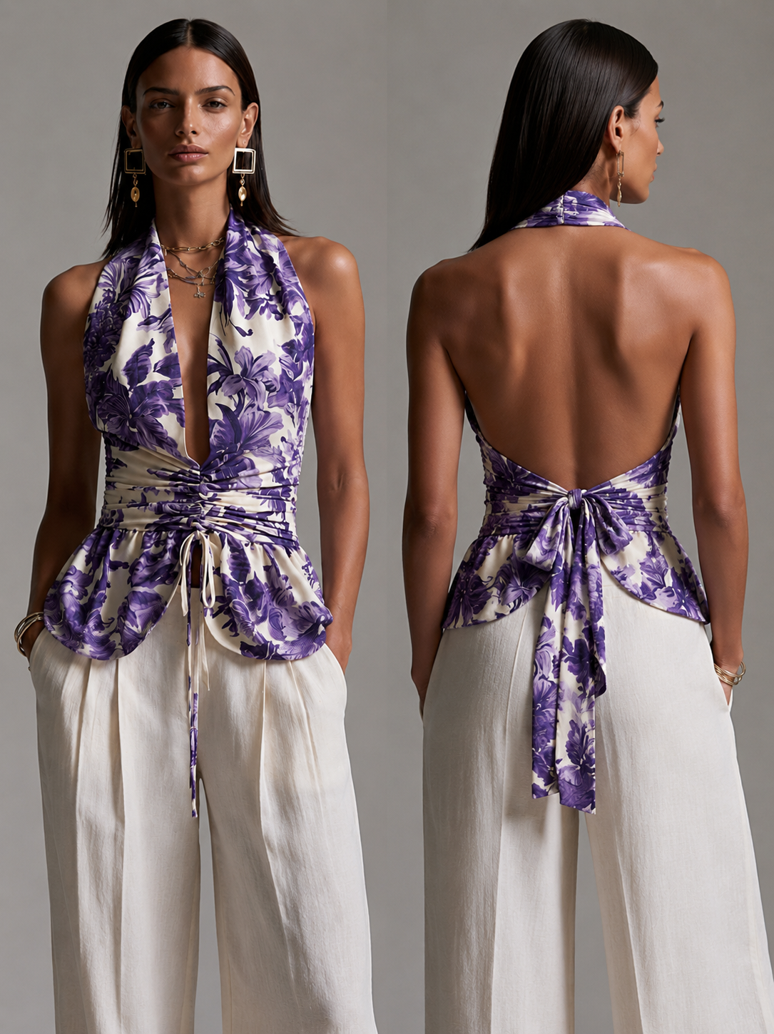 Purple Floral Print Back-tie Waist-cinching Tank Top