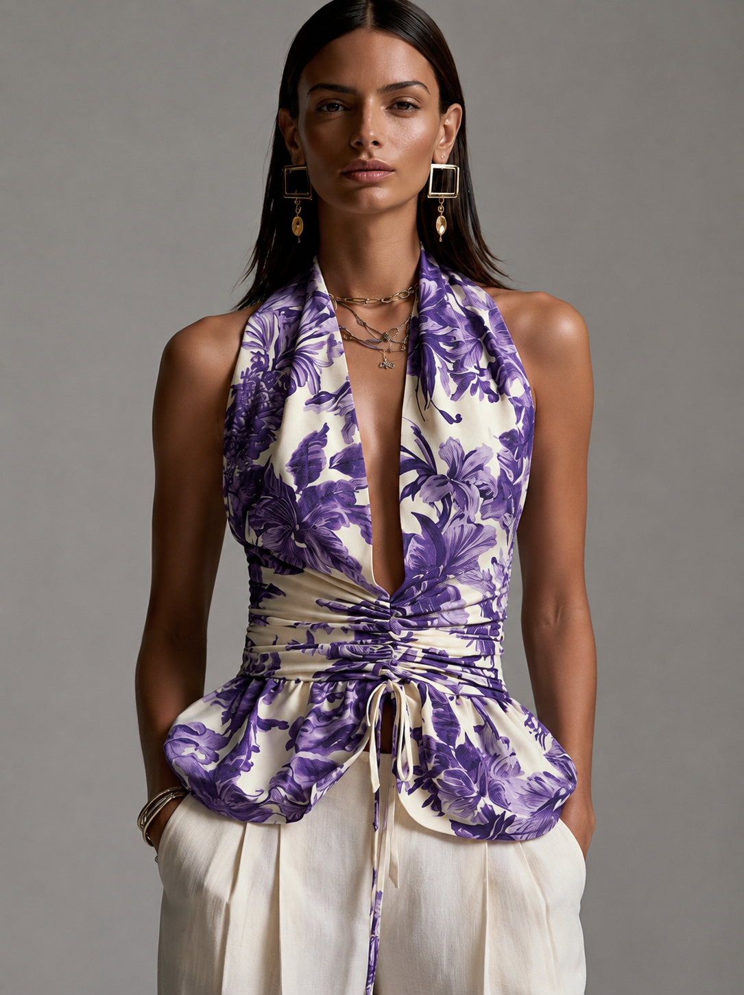 Purple Floral Print Back-tie Waist-cinching Tank Top