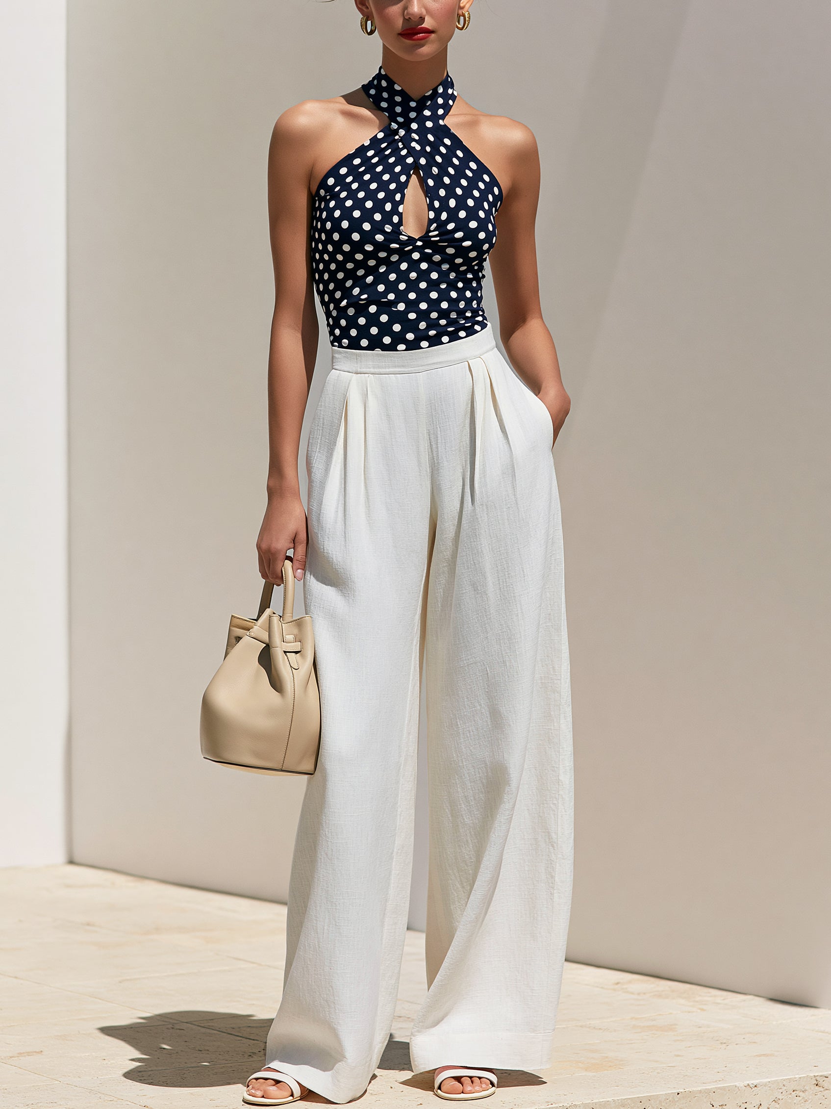 Elegant Stretch Polka Dot Top &  Linen Wide Leg Pants Set