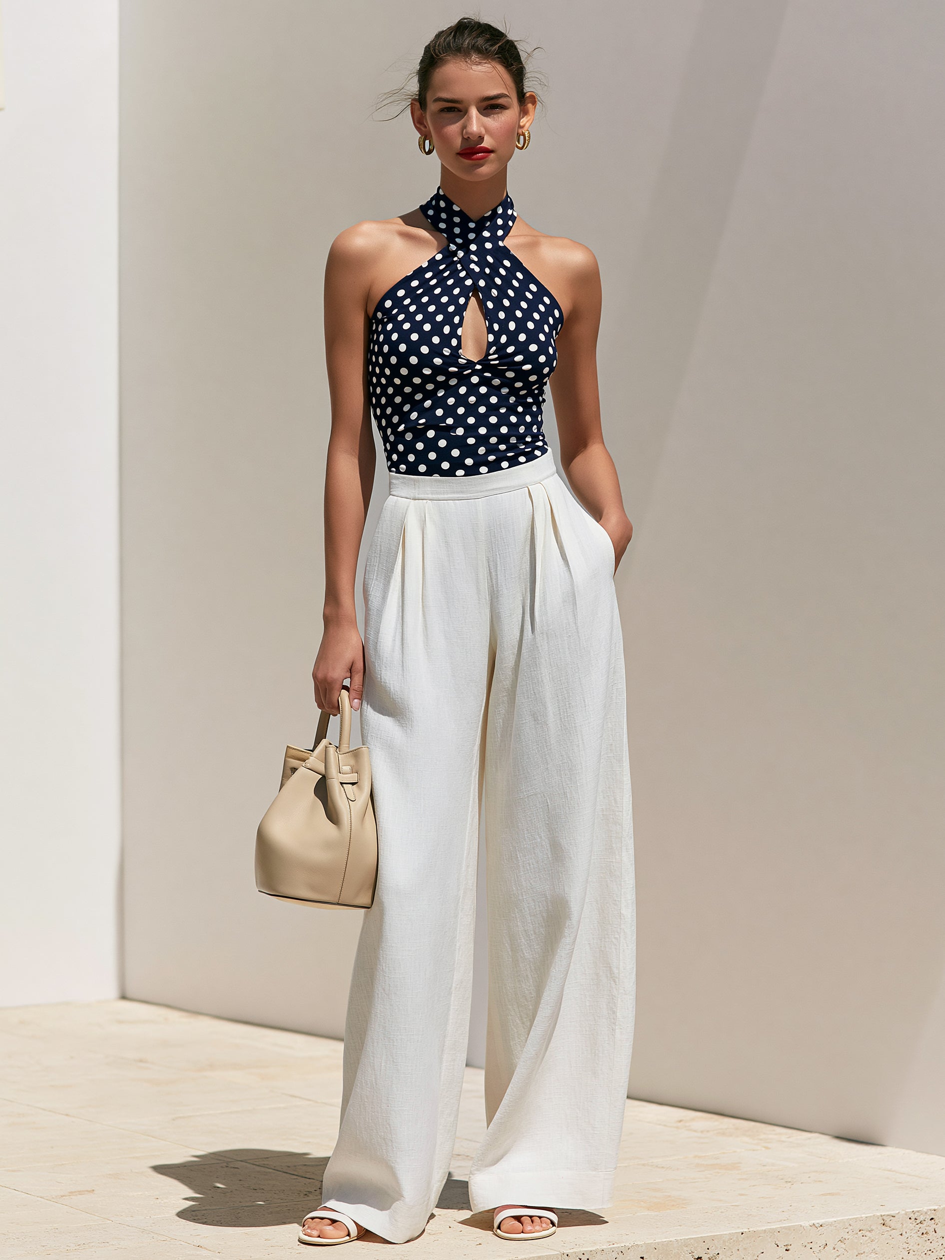 Elegant Stretch Polka Dot Top &  Linen Wide Leg Pants Set