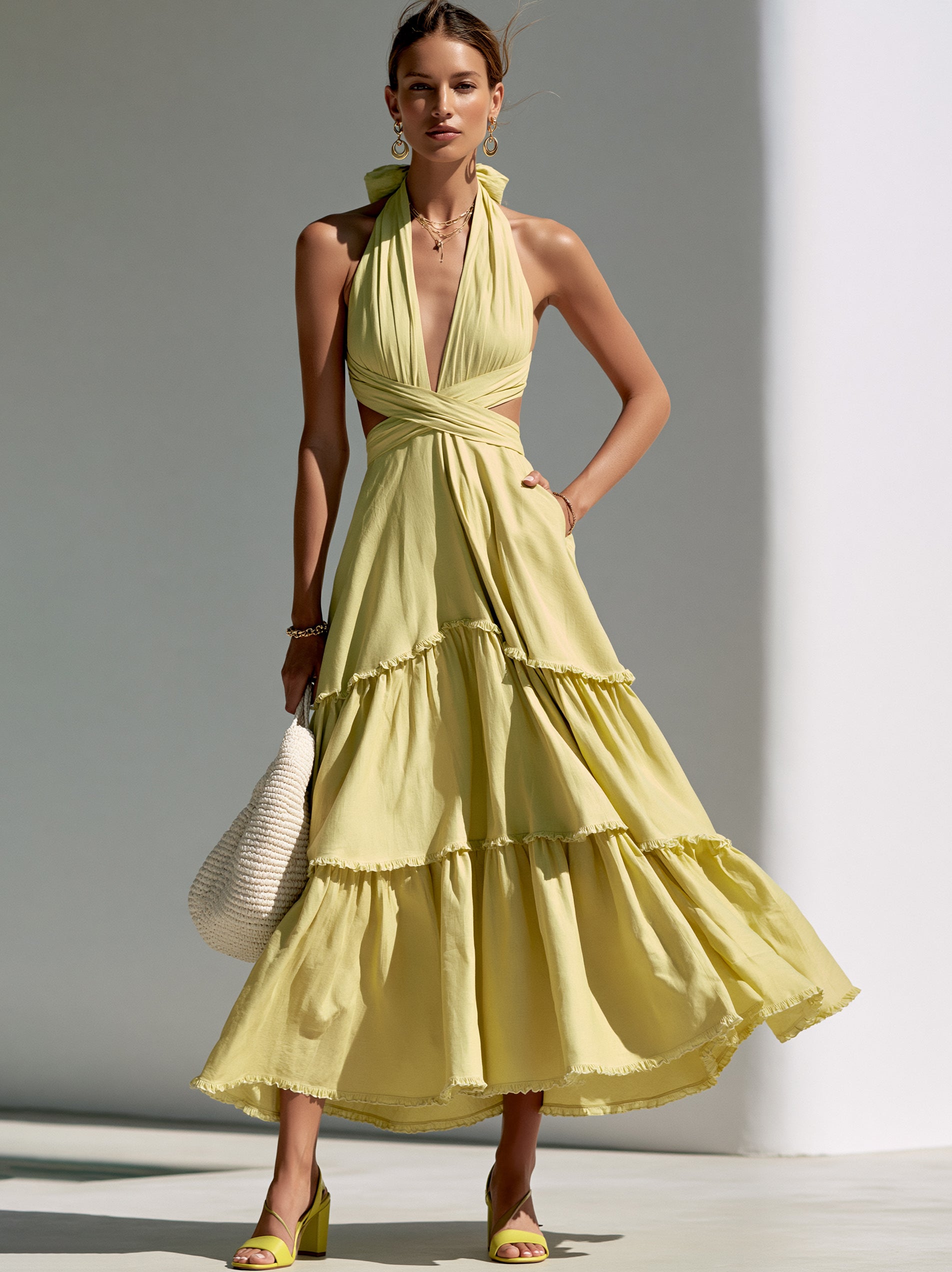 Pale Lemon Halter-Neck Dress With Criss-Cross Design & Ruffled Hem – Perfect For Island Getaways