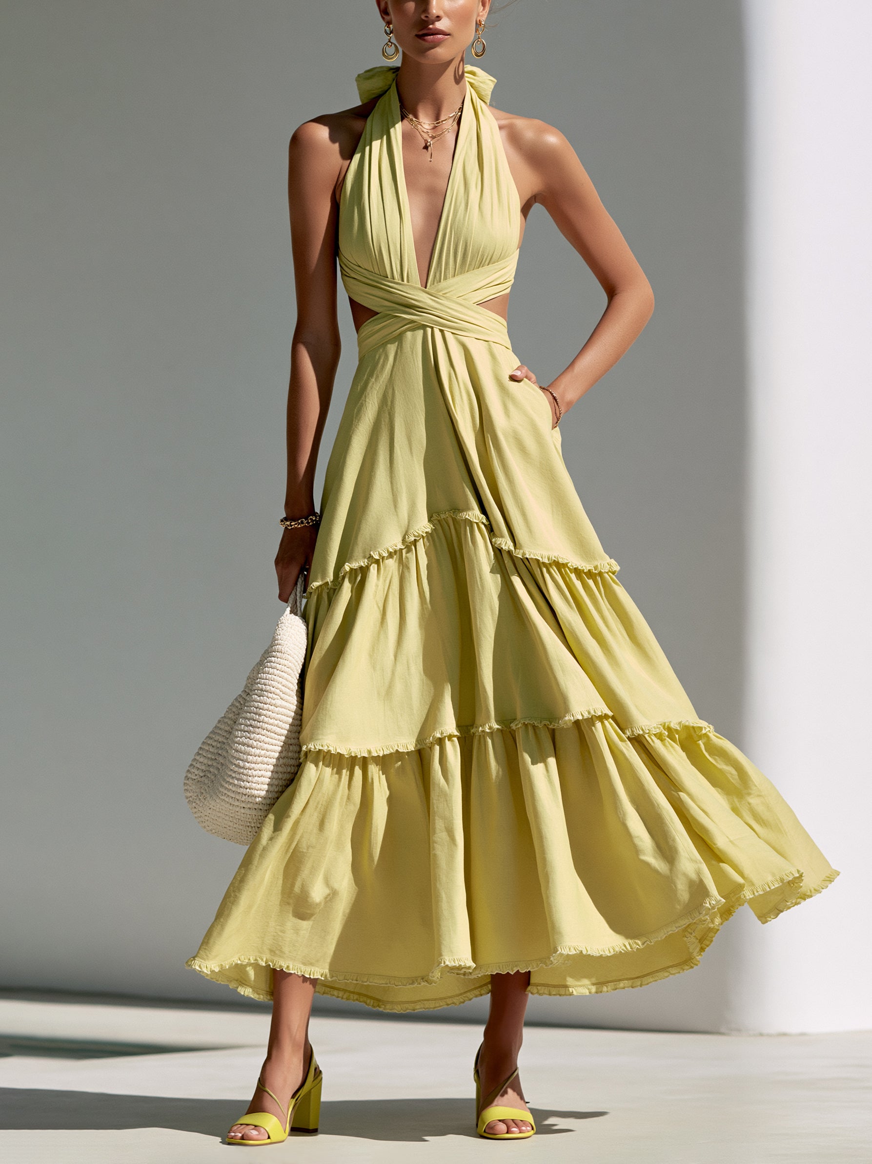 Pale Lemon Halter-Neck Dress With Criss-Cross Design & Ruffled Hem – Perfect For Island Getaways