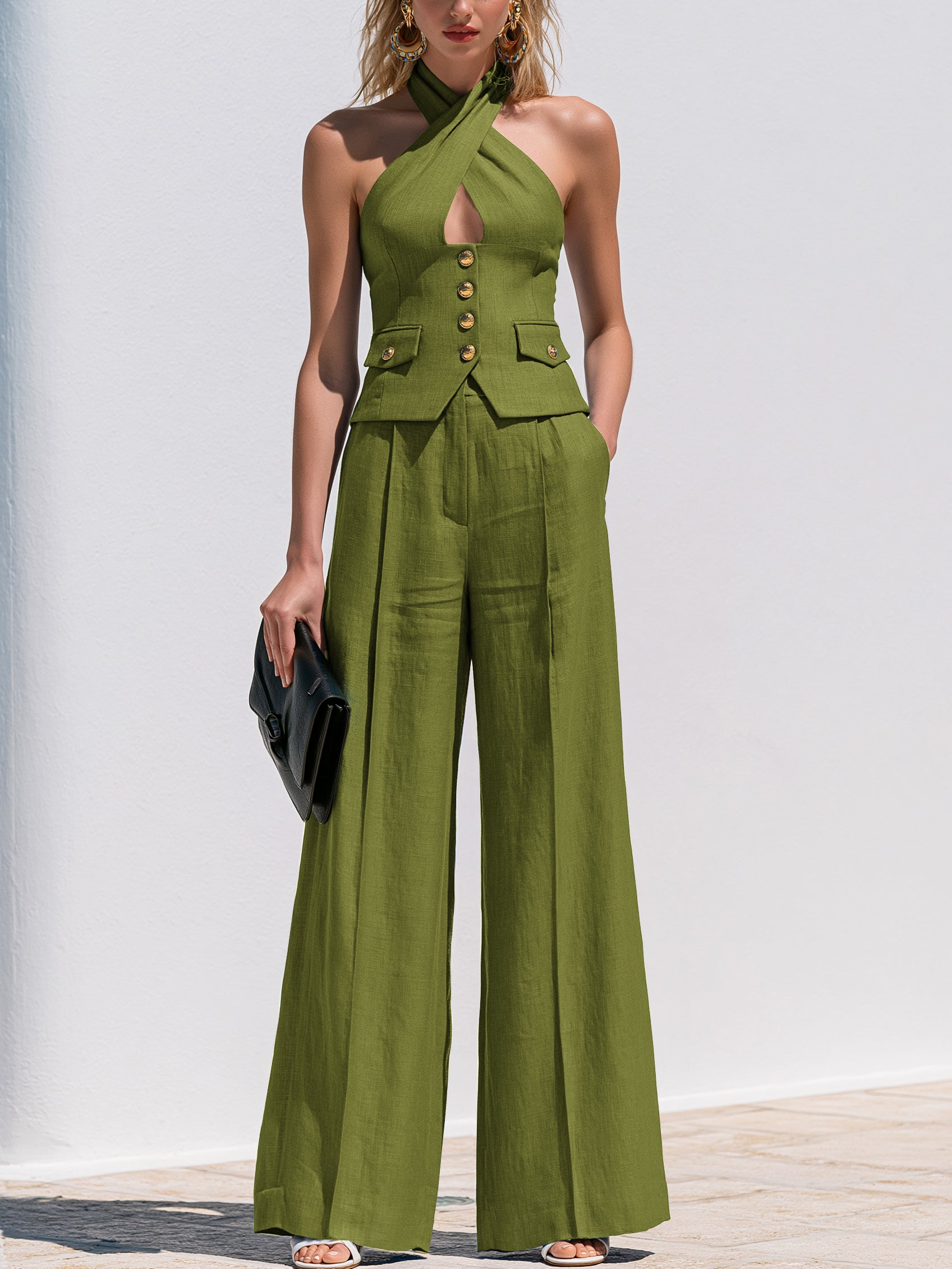 Elegant Cross Halter Waistcoat & Wide Leg Trouser Set