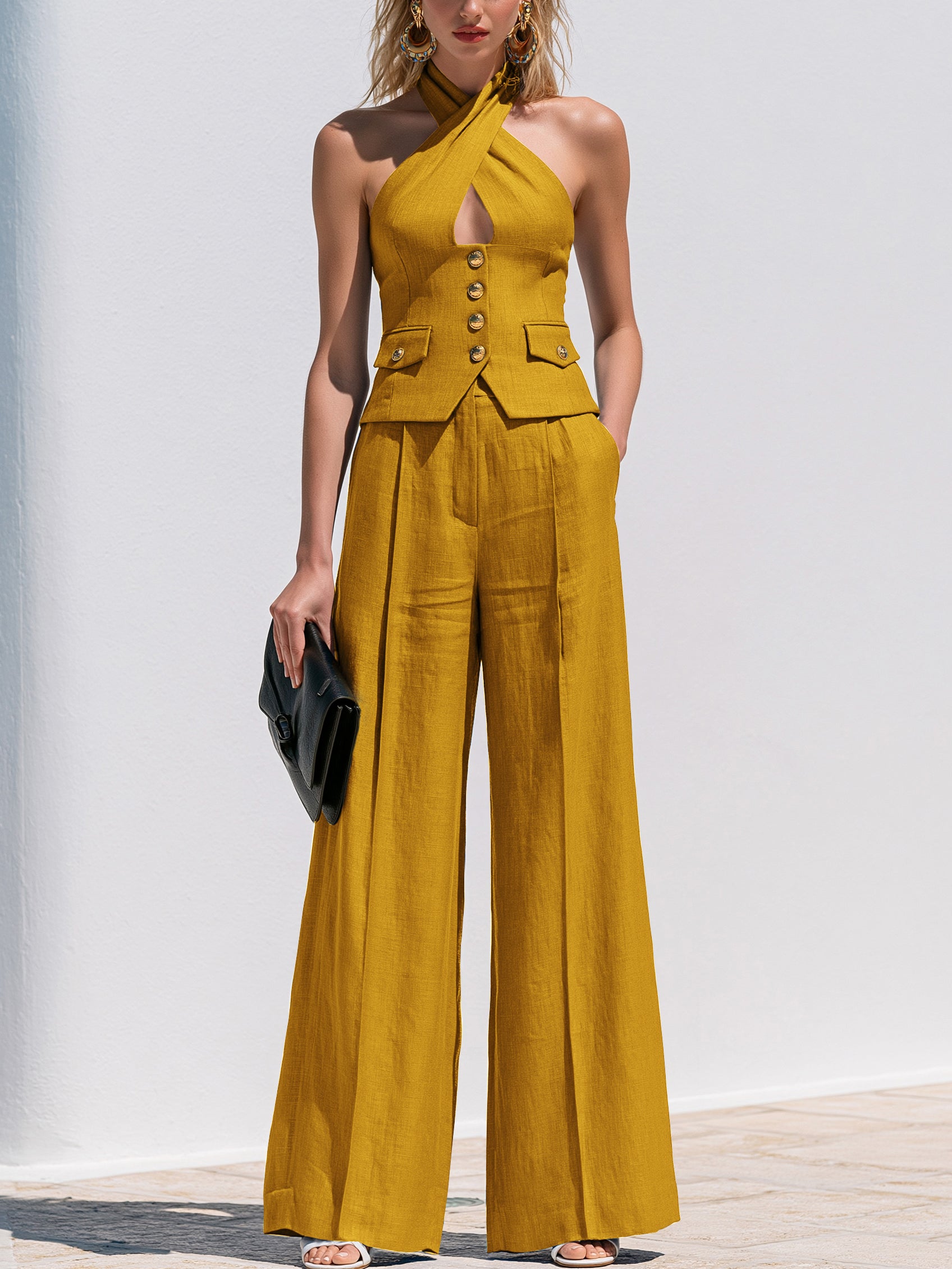 Elegant Cross Halter Waistcoat & Wide Leg Trouser Set