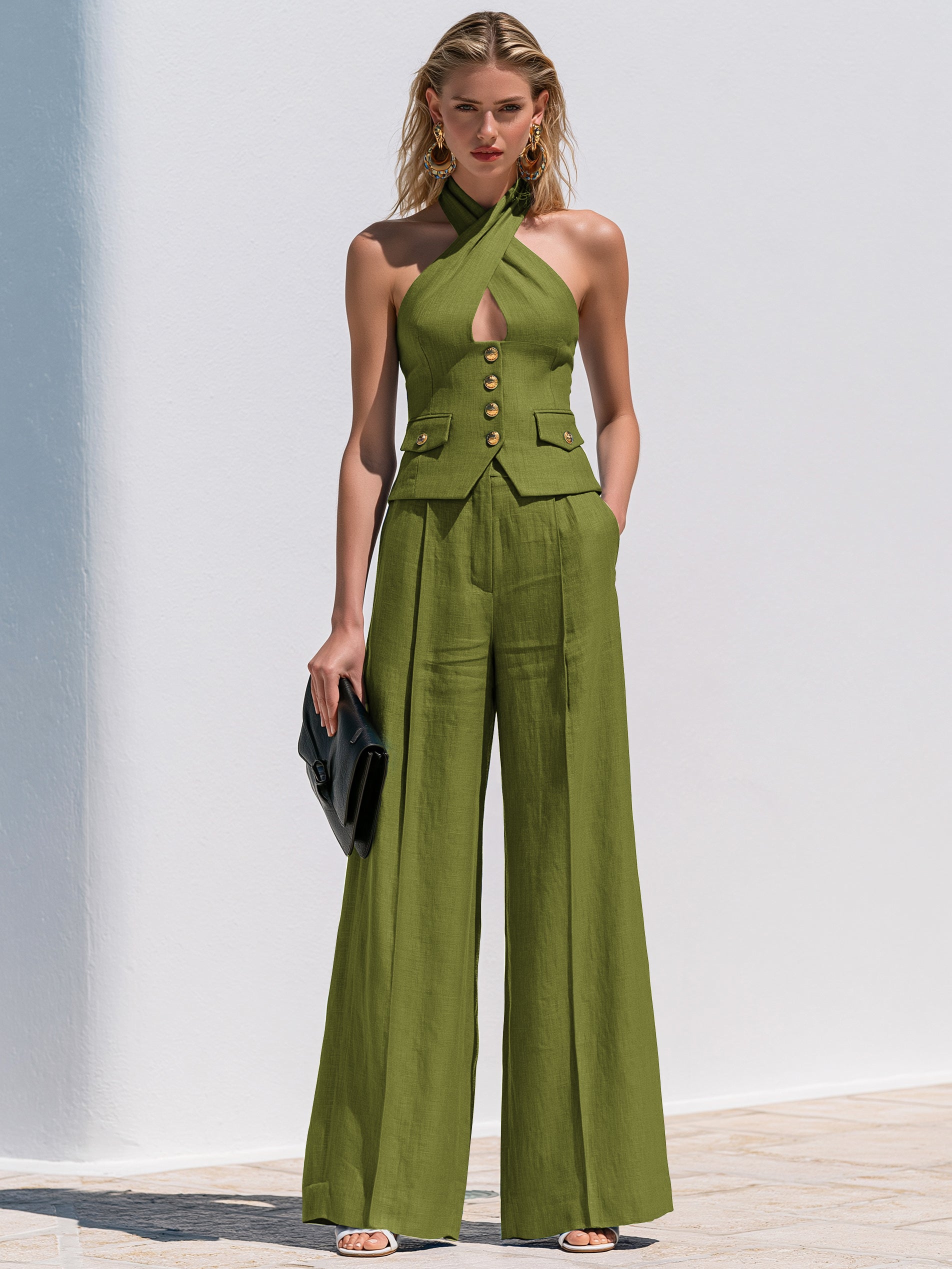 Elegant Cross Halter Waistcoat & Wide Leg Trouser Set