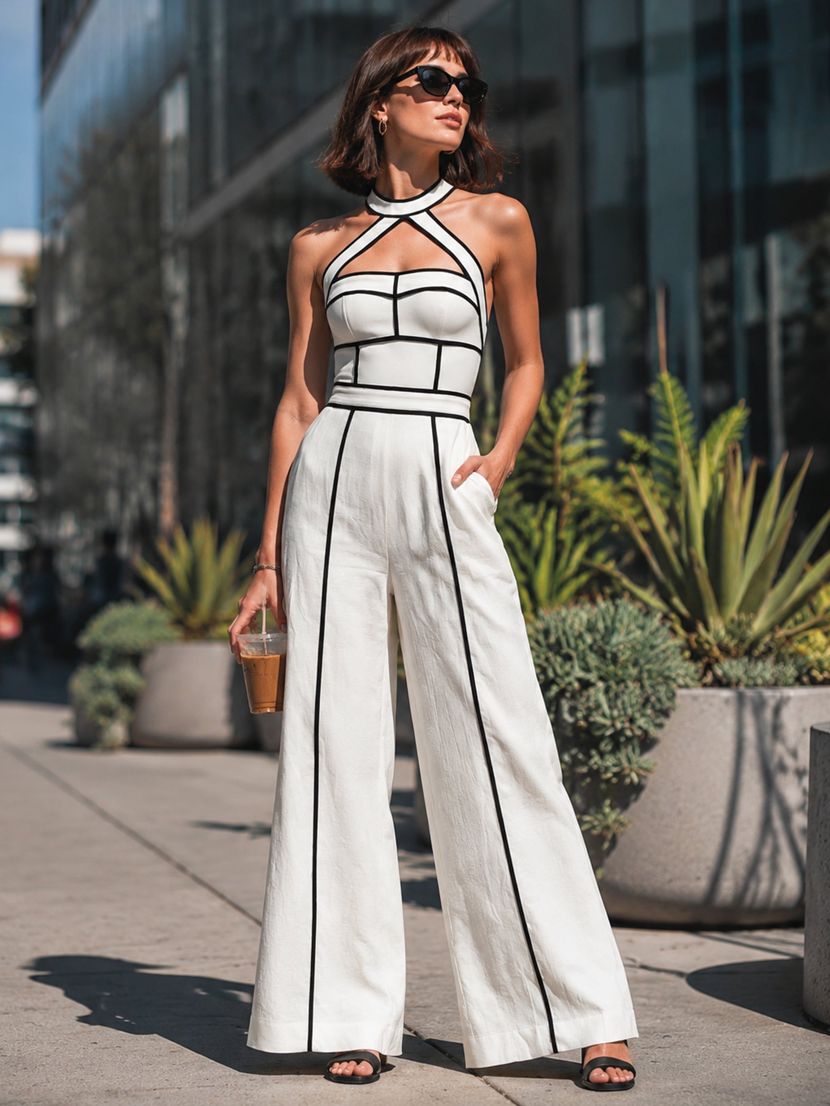 White Halter Neck Jumpsuit With Black Contrast Piping