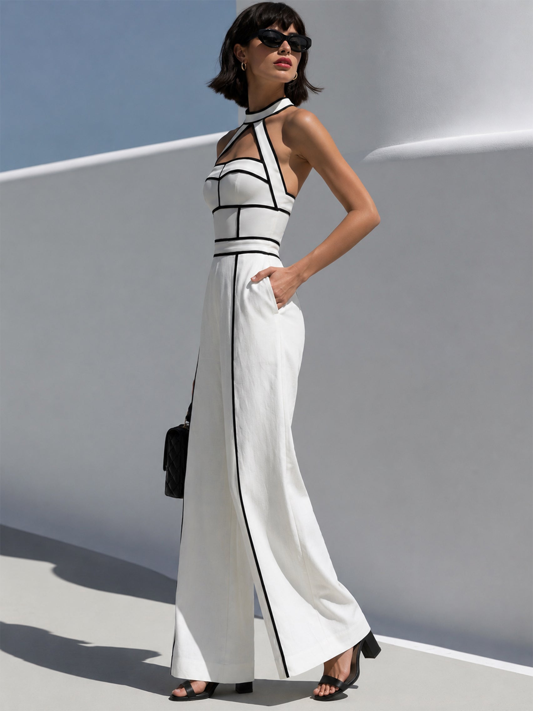 White Halter Neck Jumpsuit With Black Contrast Piping