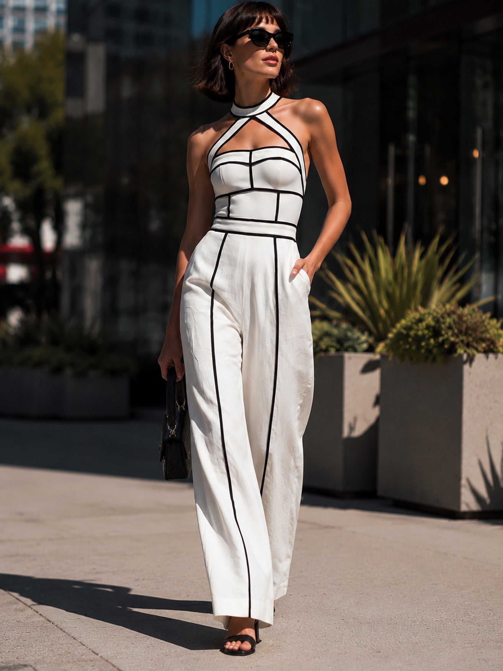 White Halter Neck Jumpsuit With Black Contrast Piping