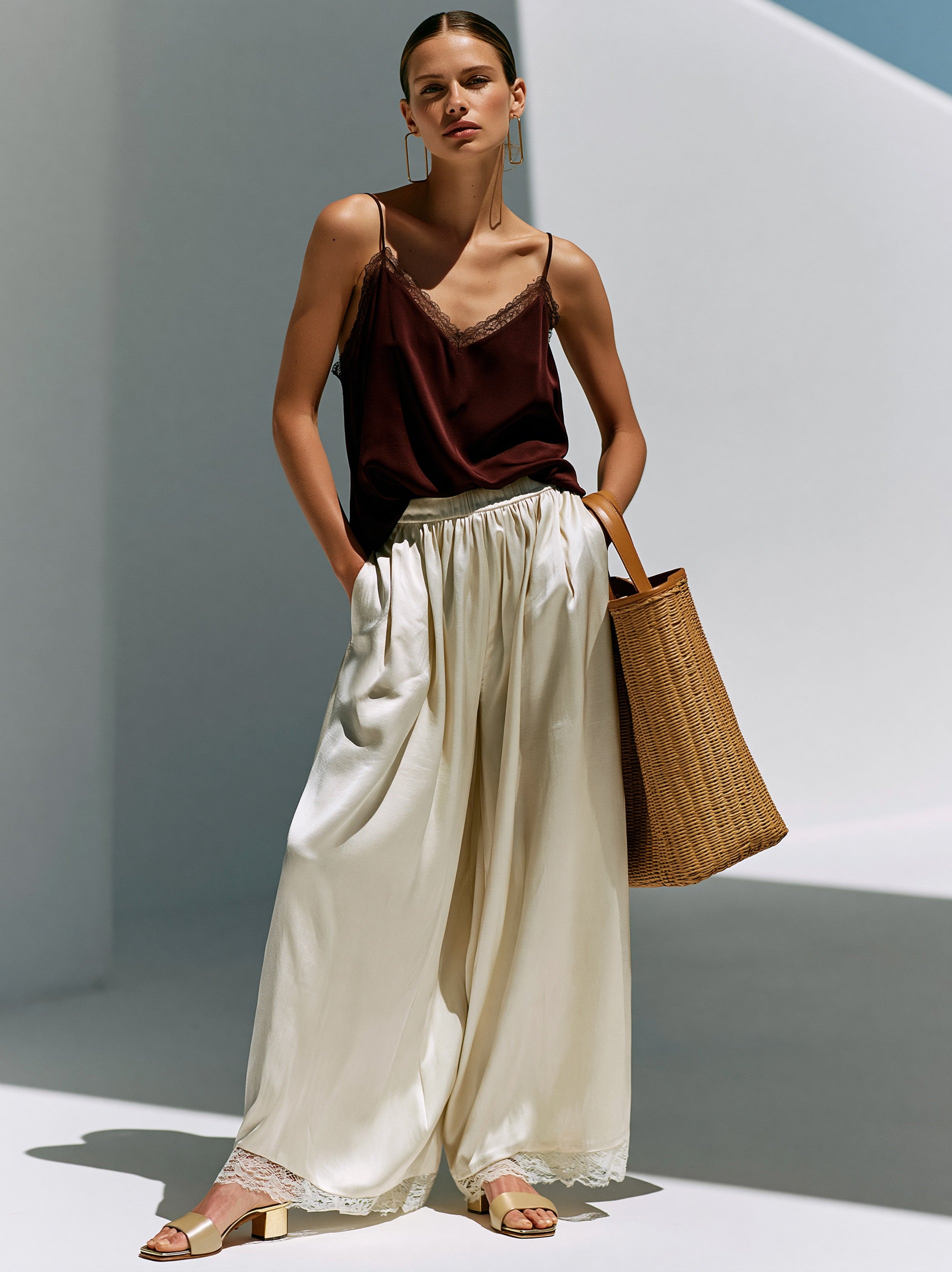 French-Style Effortless Satin Camisole & Wide-Leg Trouser Set