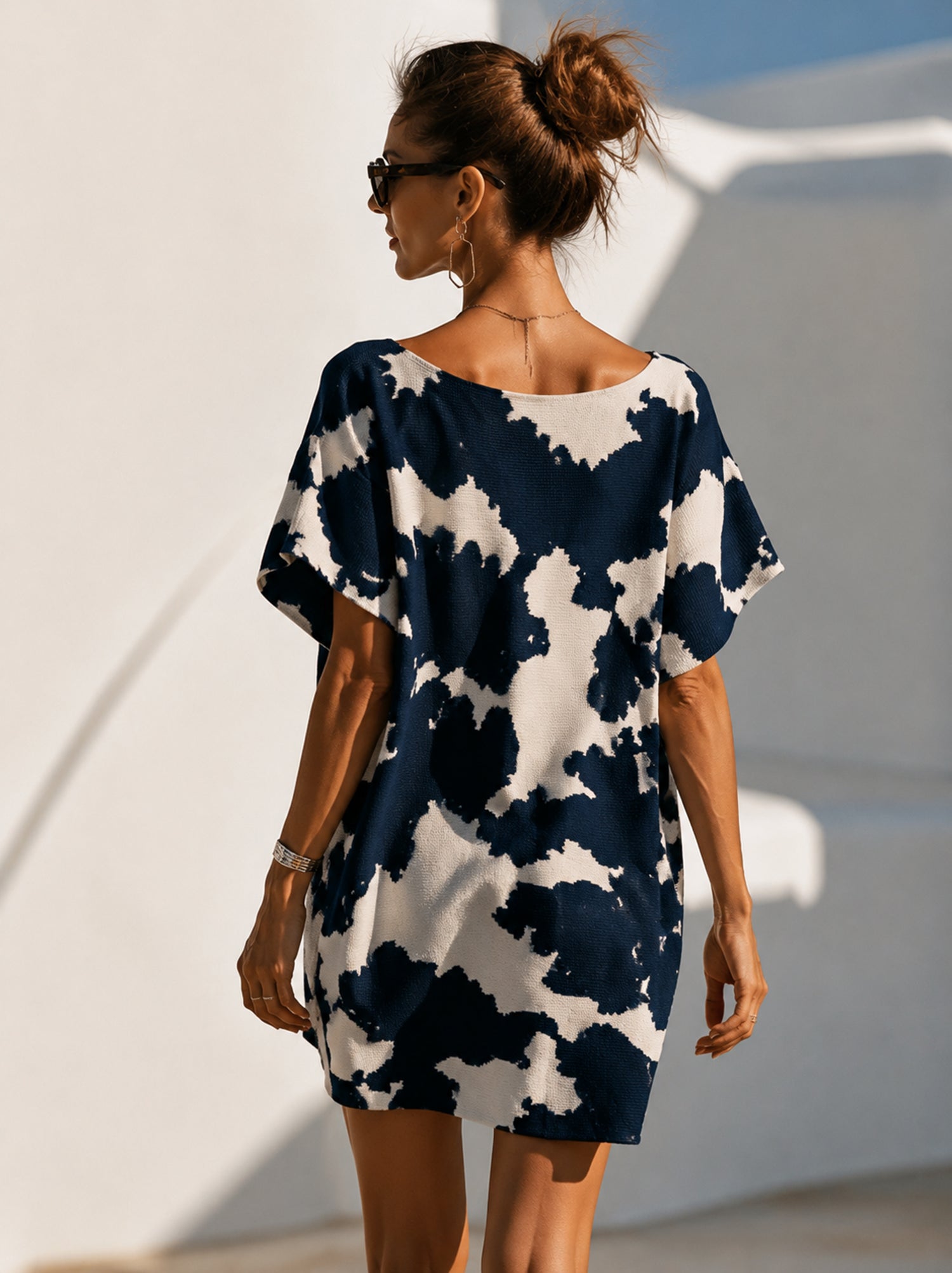 Blue & White Color-Block Loose Casual Dress/Cover-up