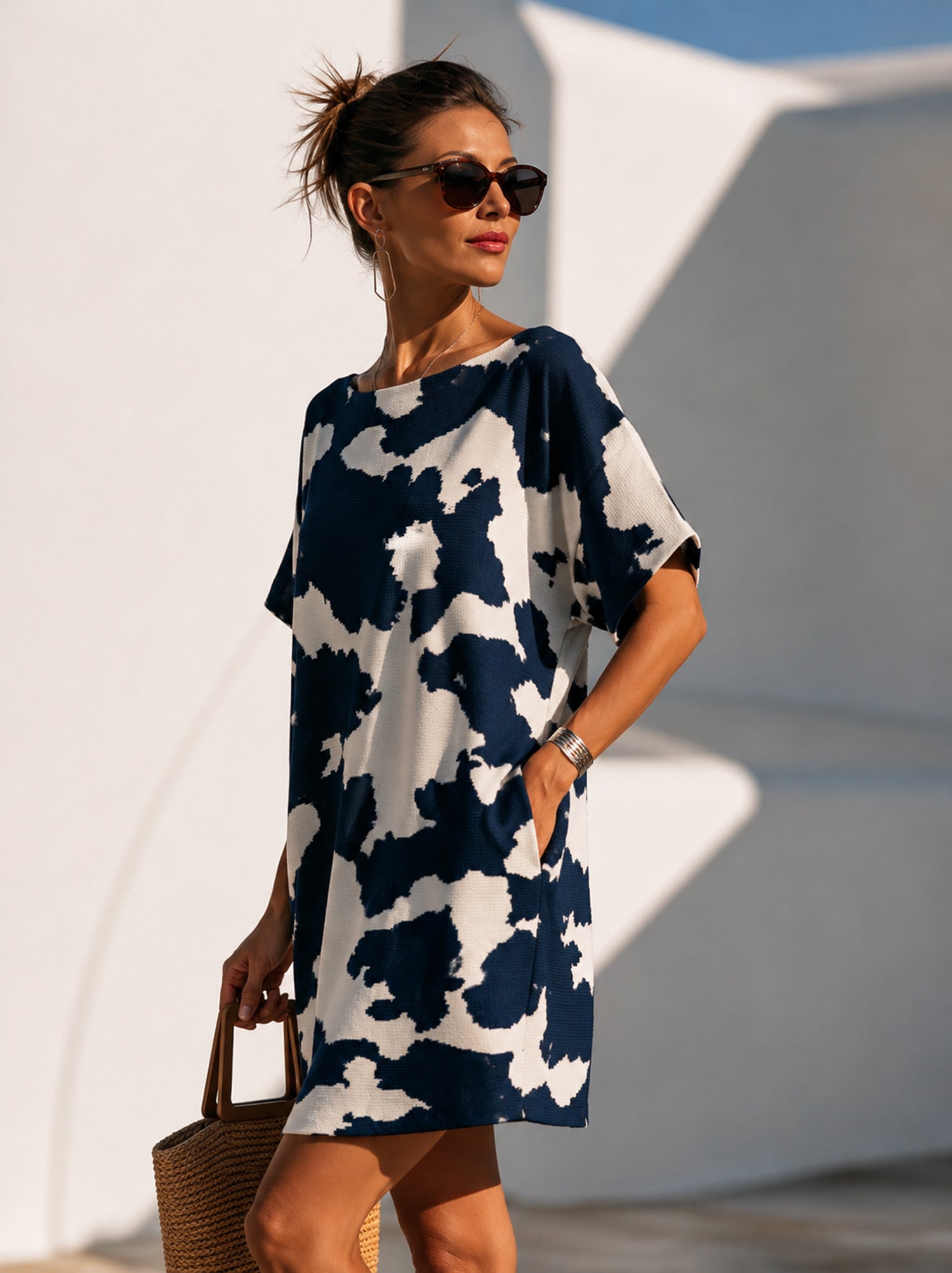 Blue & White Color-Block Loose Casual Dress/Cover-up