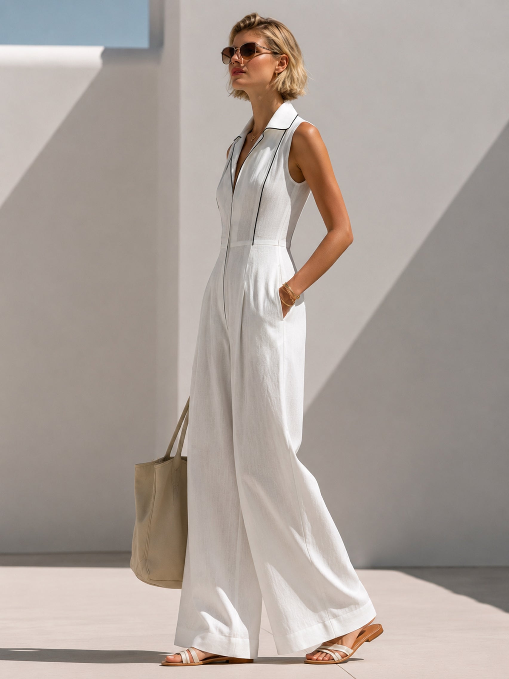Elegant White Sleeveless Jumpsuit With Contrast Trim
