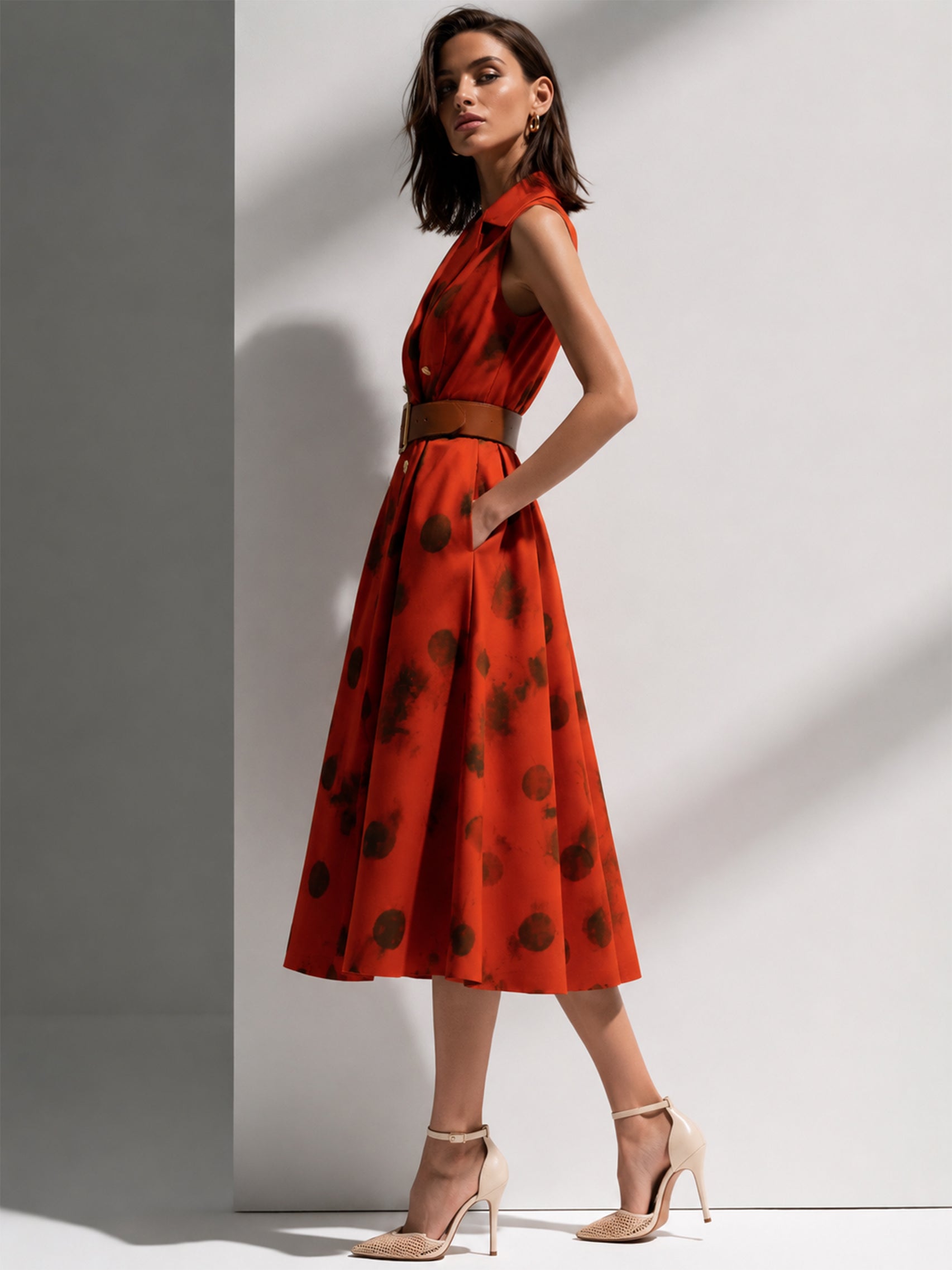 Burnt Orange Leeveless Blazer Midi Dress With Waist Belt