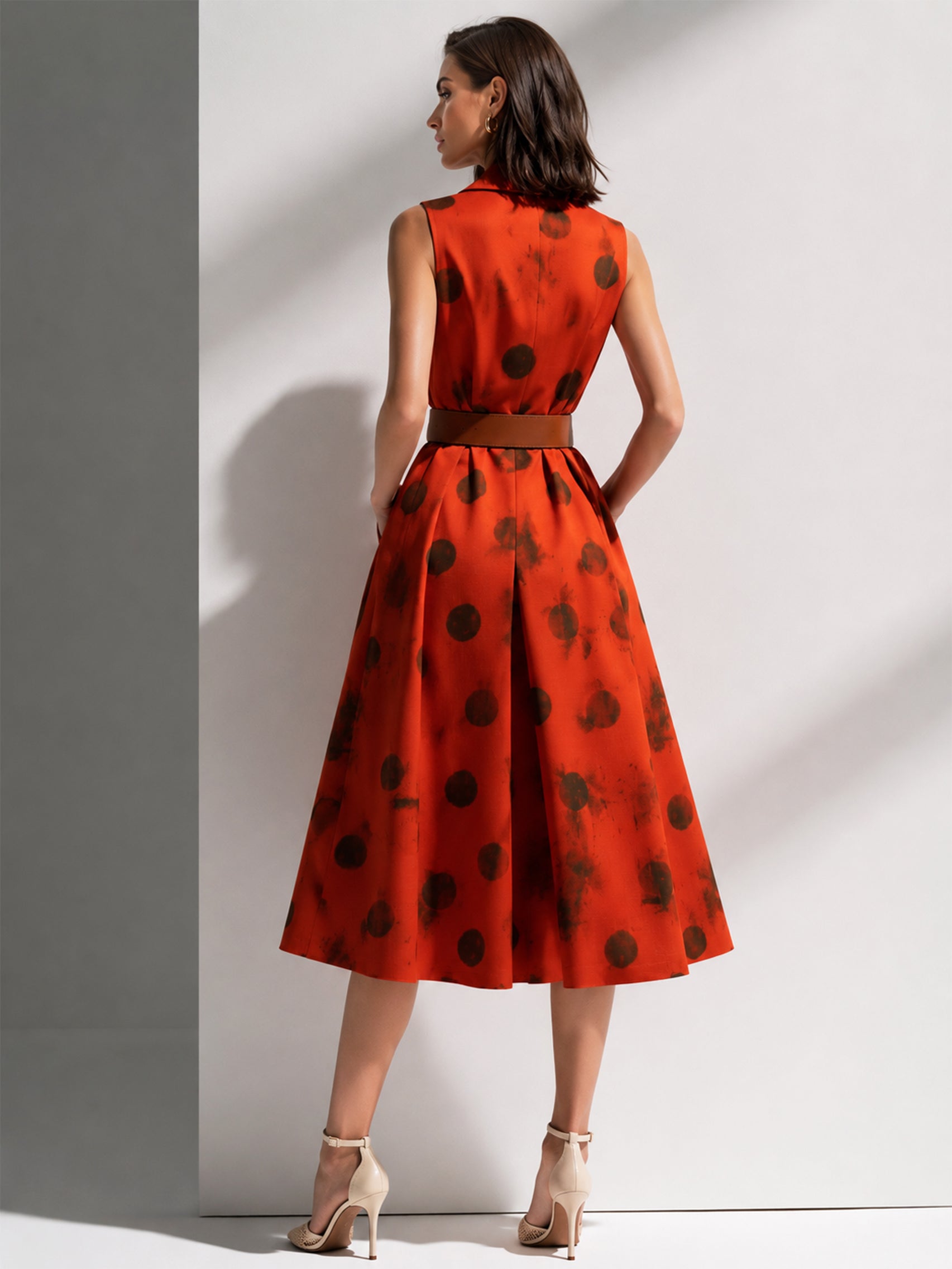 Burnt Orange Leeveless Blazer Midi Dress With Waist Belt