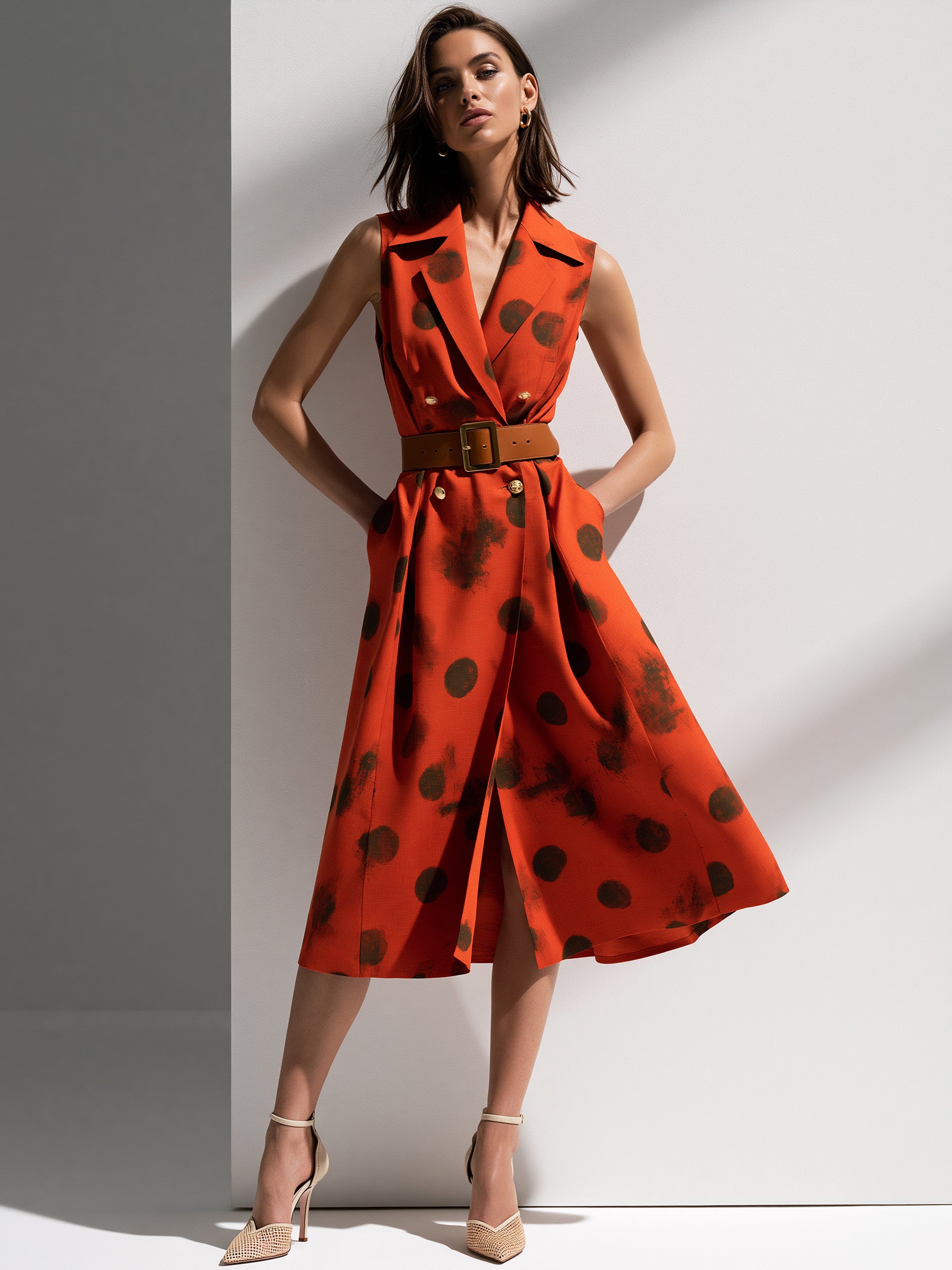Burnt Orange Leeveless Blazer Midi Dress With Waist Belt